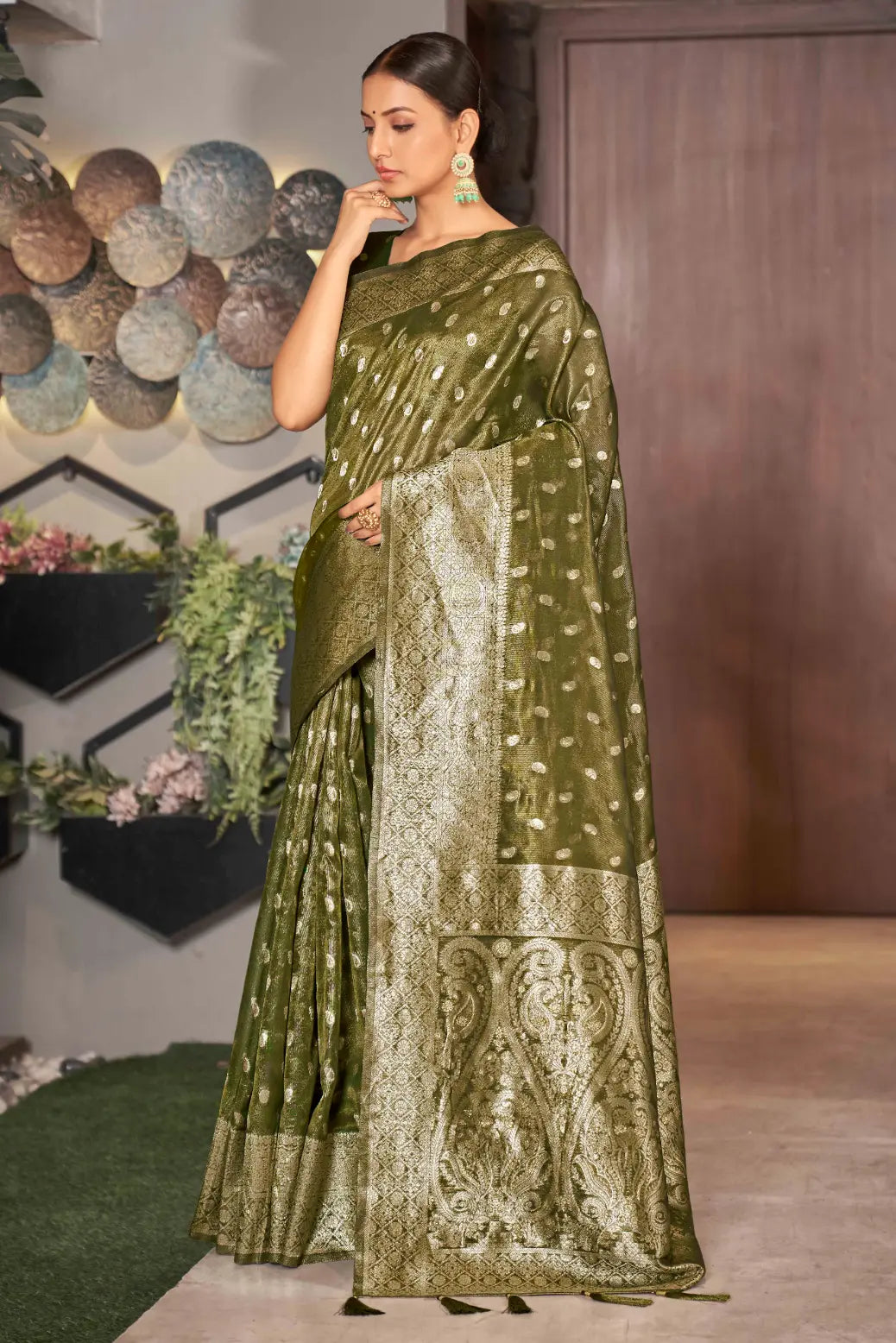 Olive Green Shimmer Silk Woven Work Trending Saree - Monjolika Fashion Olive Green Shimmer Silk Woven Work Trending Saree - Monjolika Fashion
