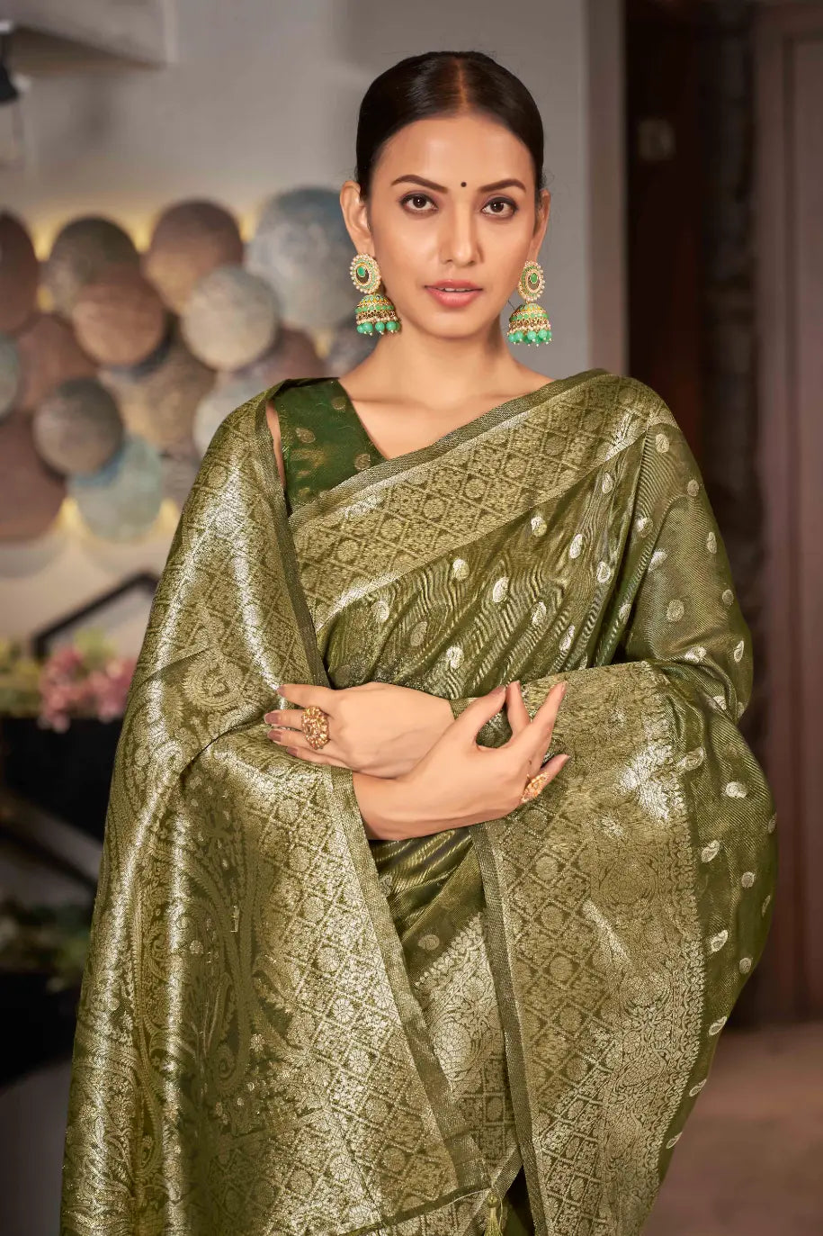 Olive Green Shimmer Silk Woven Work Trending Saree - Monjolika Fashion Olive Green Shimmer Silk Woven Work Trending Saree - Monjolika Fashion