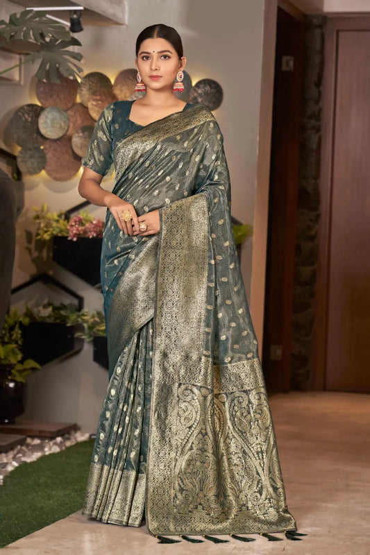 Grey Shimmer Silk Woven Trending Saree - Monjolika Fashion