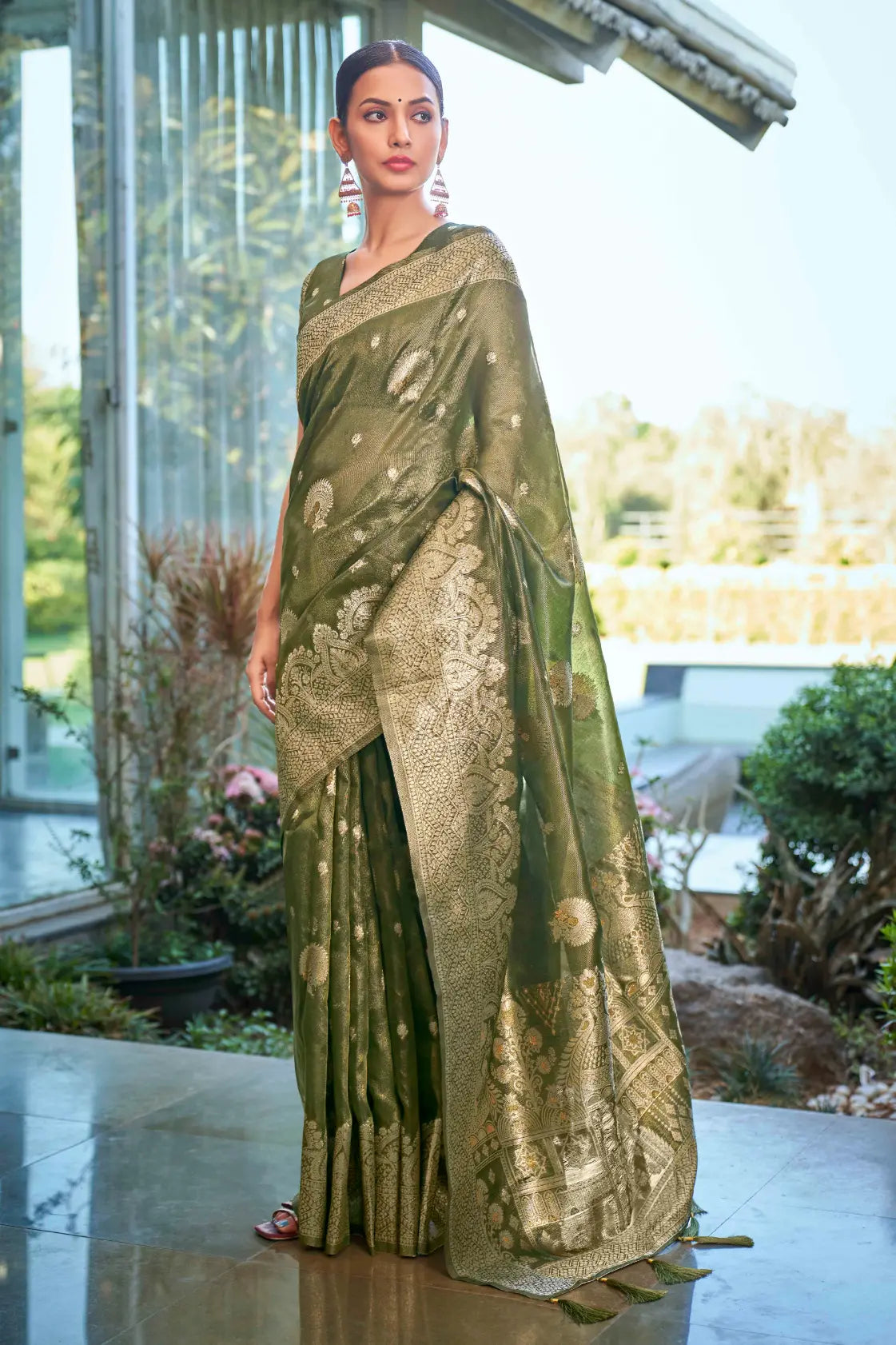 Olive Green Shimmer Silk Woven Work Ethnic Saree - Monjolika Fashion Olive Green Shimmer Silk Woven Work Ethnic Saree - Monjolika Fashion