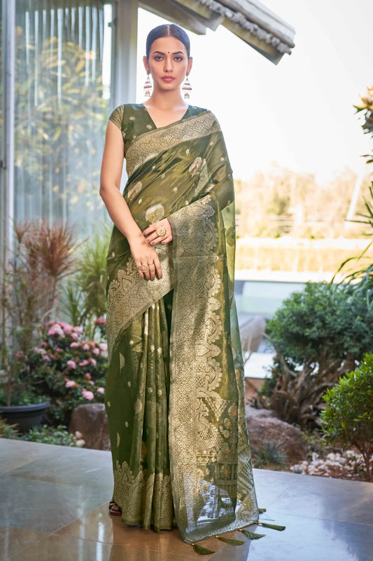 Olive Green Shimmer Silk Woven Work Ethnic Saree - Monjolika Fashion