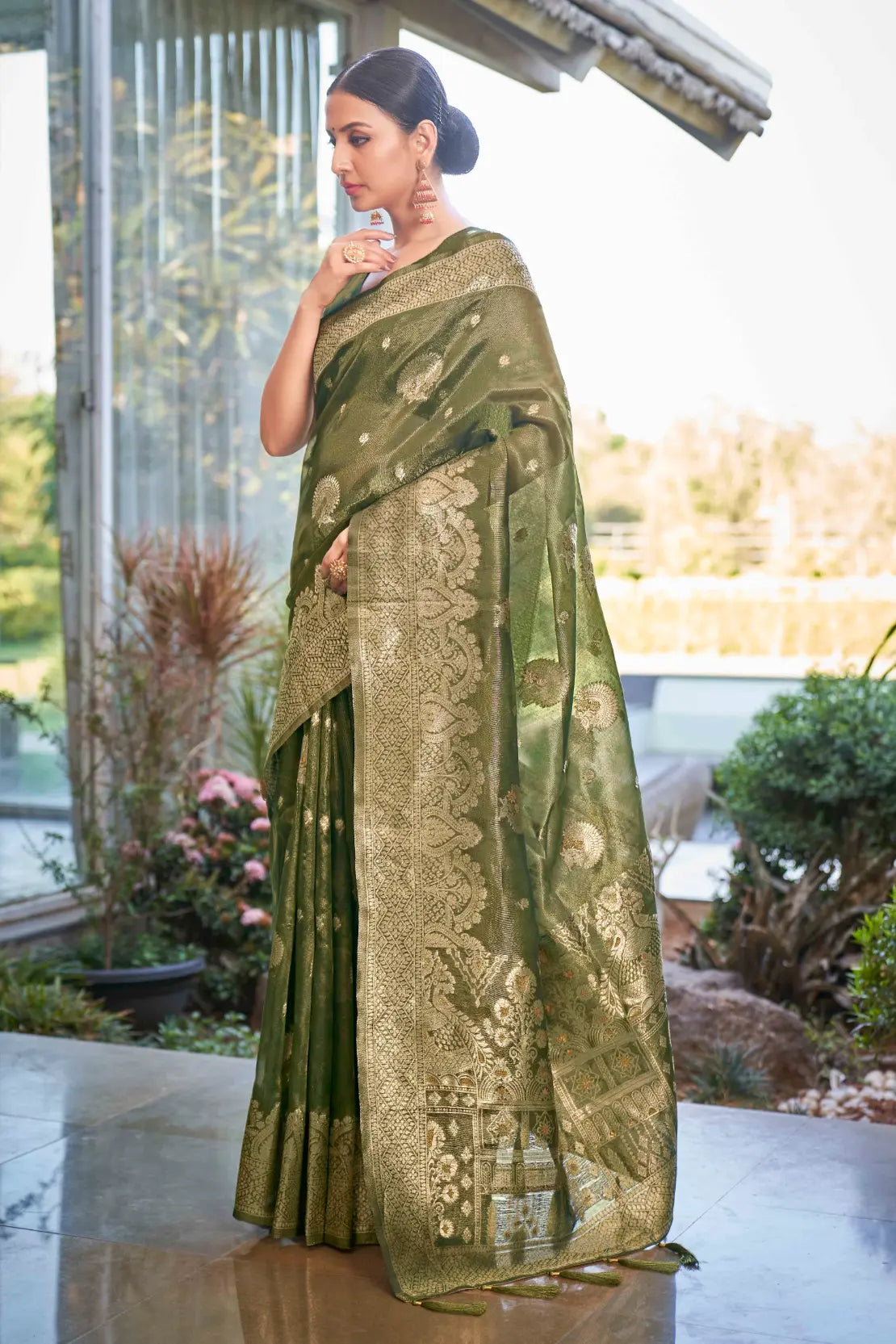 Olive Green Shimmer Silk Woven Work Ethnic Saree - Monjolika Fashion Olive Green Shimmer Silk Woven Work Ethnic Saree - Monjolika Fashion