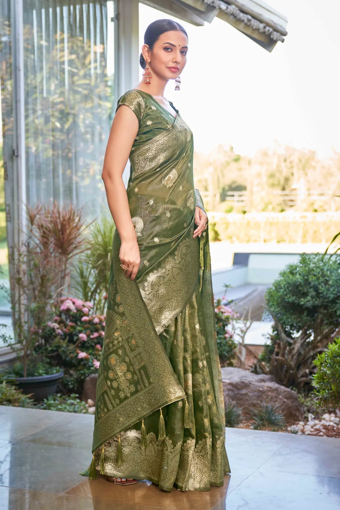 Olive Green Shimmer Silk Woven Work Ethnic Saree - Monjolika Fashion Olive Green Shimmer Silk Woven Work Ethnic Saree - Monjolika Fashion
