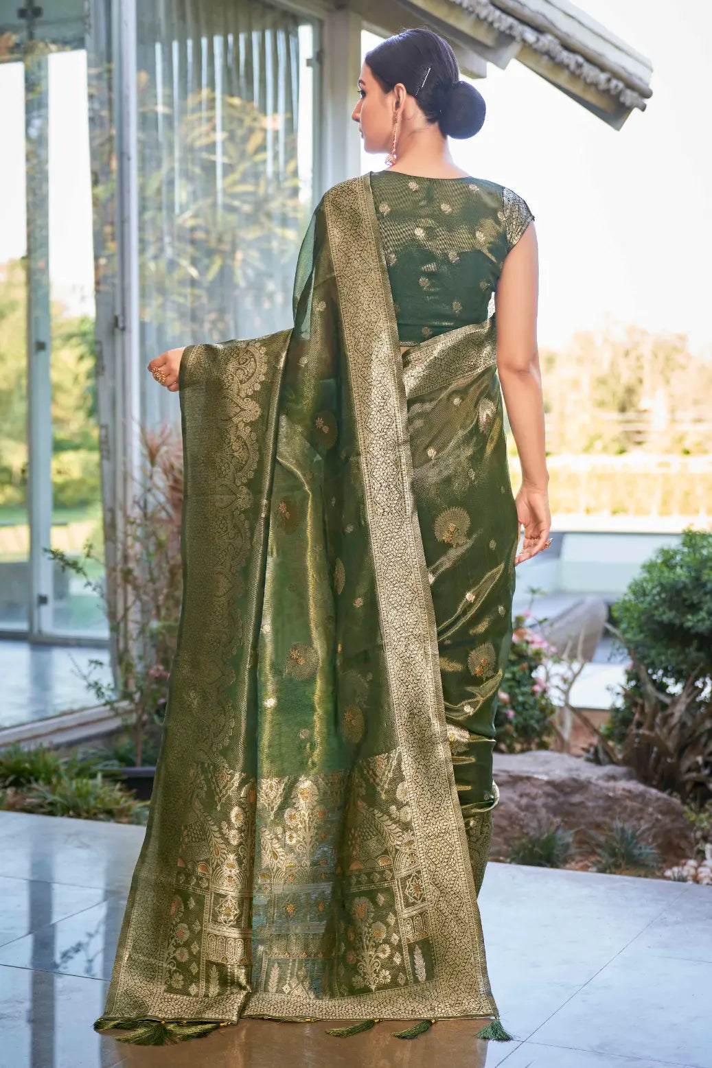 Olive Green Shimmer Silk Woven Work Ethnic Saree - Monjolika Fashion Olive Green Shimmer Silk Woven Work Ethnic Saree - Monjolika Fashion