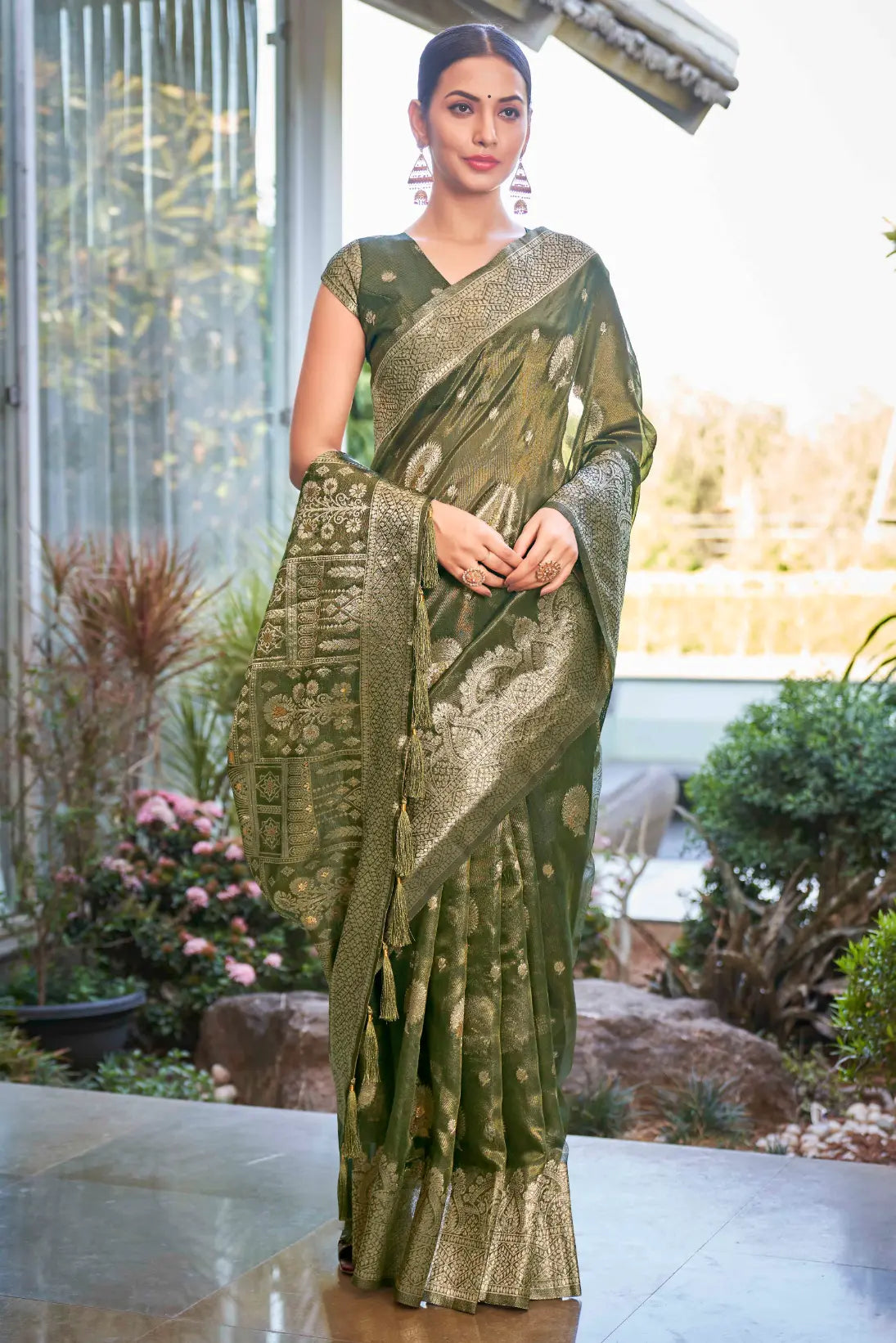 Olive Green Shimmer Silk Woven Work Ethnic Saree - Monjolika Fashion Olive Green Shimmer Silk Woven Work Ethnic Saree - Monjolika Fashion