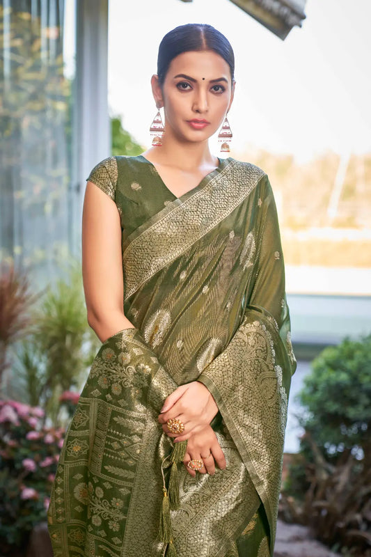 Olive Green Shimmer Silk Woven Work Ethnic Saree - Monjolika Fashion
