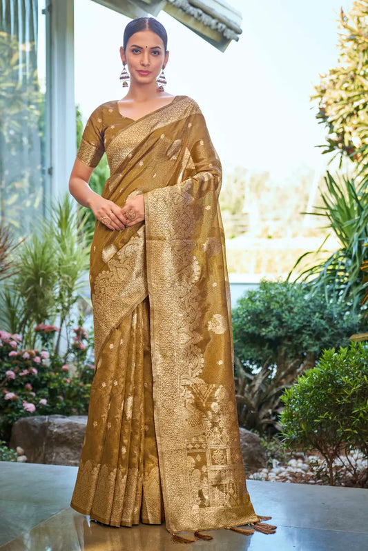 Mustard Shimmer Silk Woven Work Ethnic Saree - Monjolika Fashion