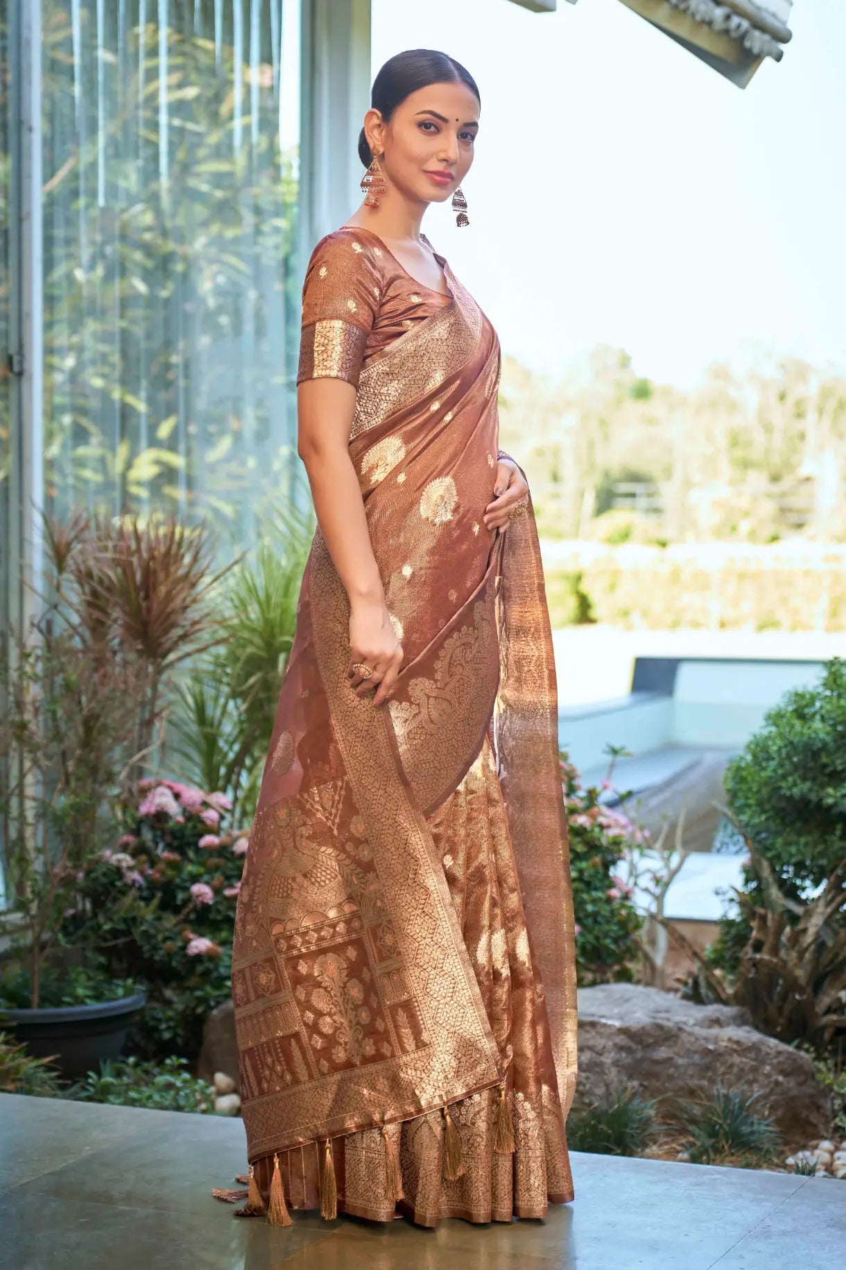 Rust Shimmer Silk Woven Work Ethnic Saree - Monjolika Fashion Rust Shimmer Silk Woven Work Ethnic Saree - Monjolika Fashion