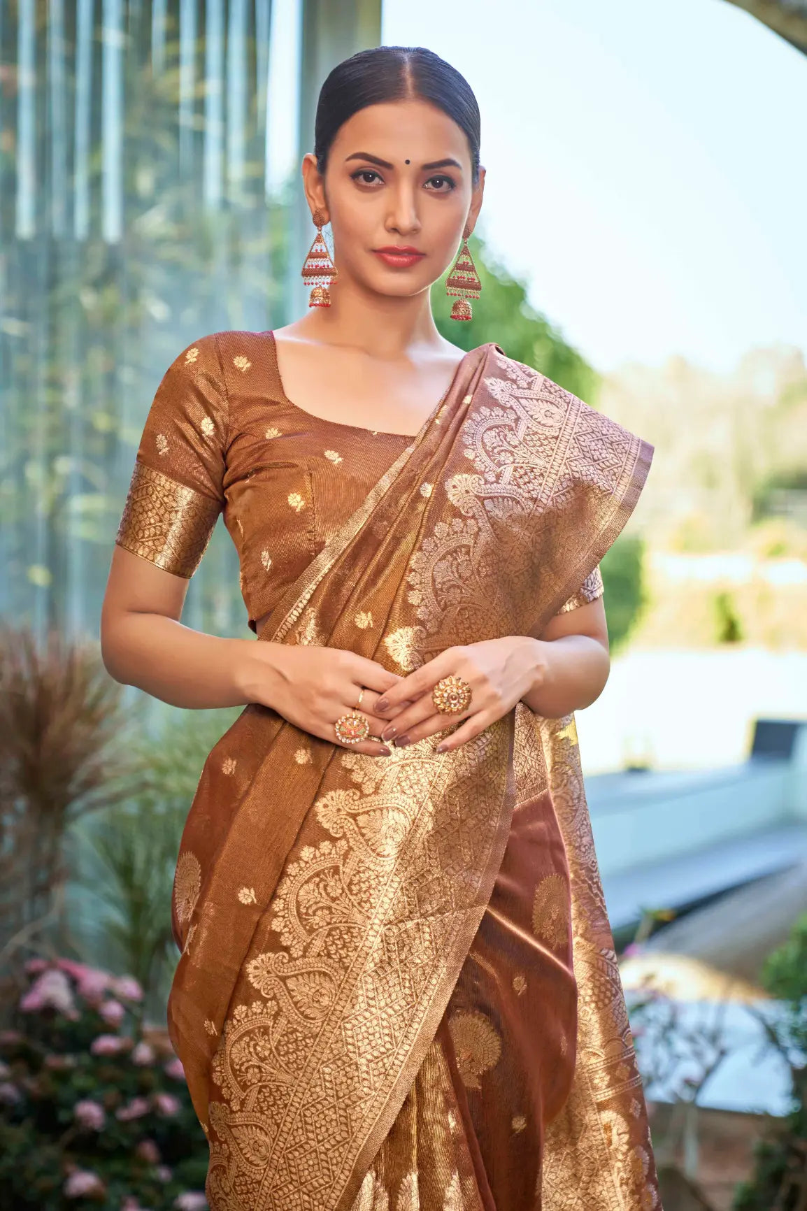 Rust Shimmer Silk Woven Work Ethnic Saree - Monjolika Fashion Rust Shimmer Silk Woven Work Ethnic Saree - Monjolika Fashion