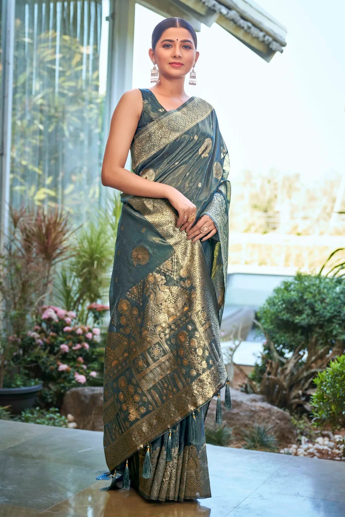 Ligth Teal Shimmer Silk Woven Work Ethnic Saree - Monjolika Fashion Ligth Teal Shimmer Silk Woven Work Ethnic Saree - Monjolika Fashion