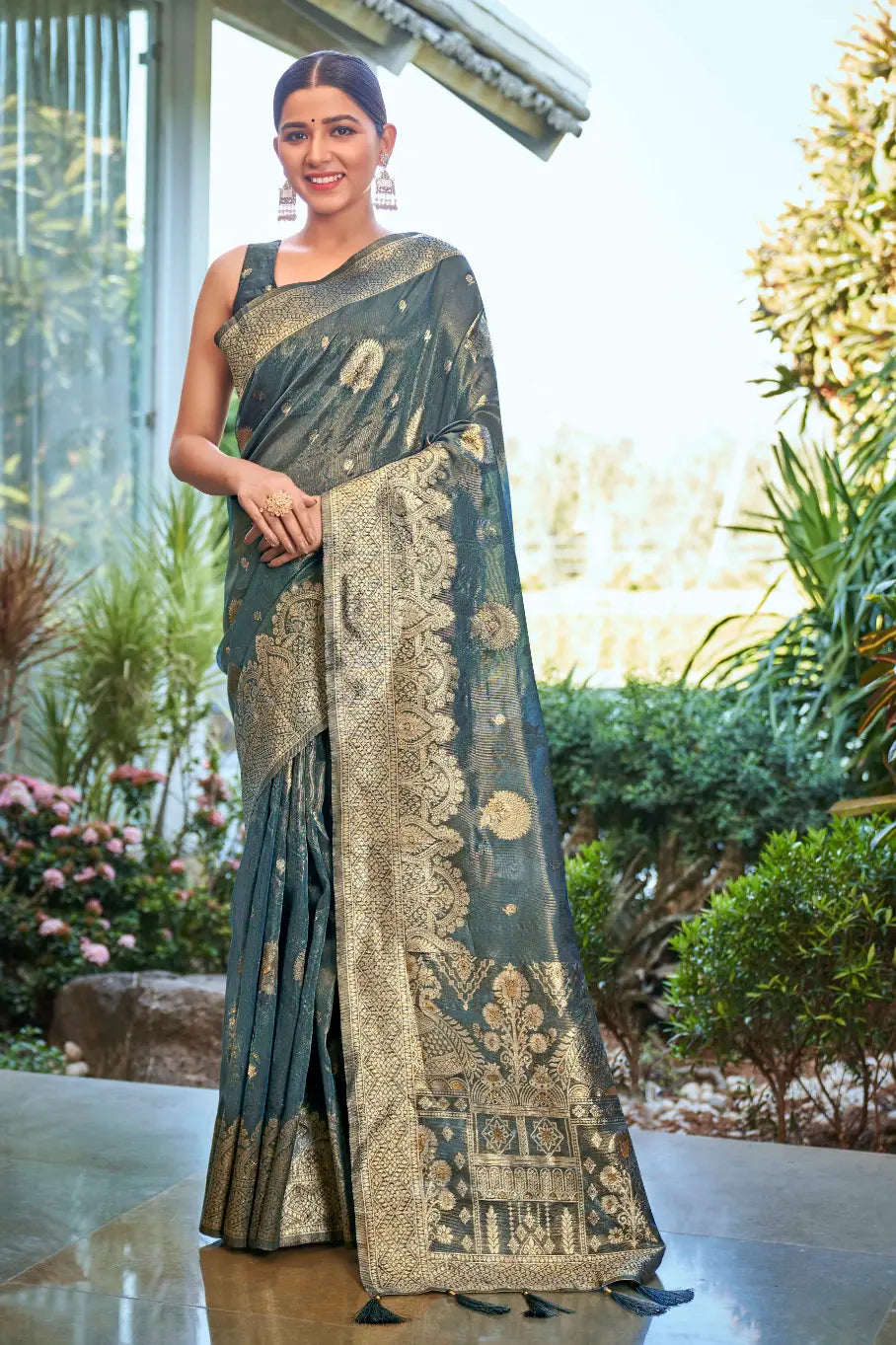 Ligth Teal Shimmer Silk Woven Work Ethnic Saree - Monjolika Fashion Ligth Teal Shimmer Silk Woven Work Ethnic Saree - Monjolika Fashion