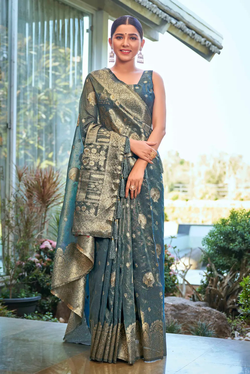 Ligth Teal Shimmer Silk Woven Work Ethnic Saree - Monjolika Fashion Ligth Teal Shimmer Silk Woven Work Ethnic Saree - Monjolika Fashion