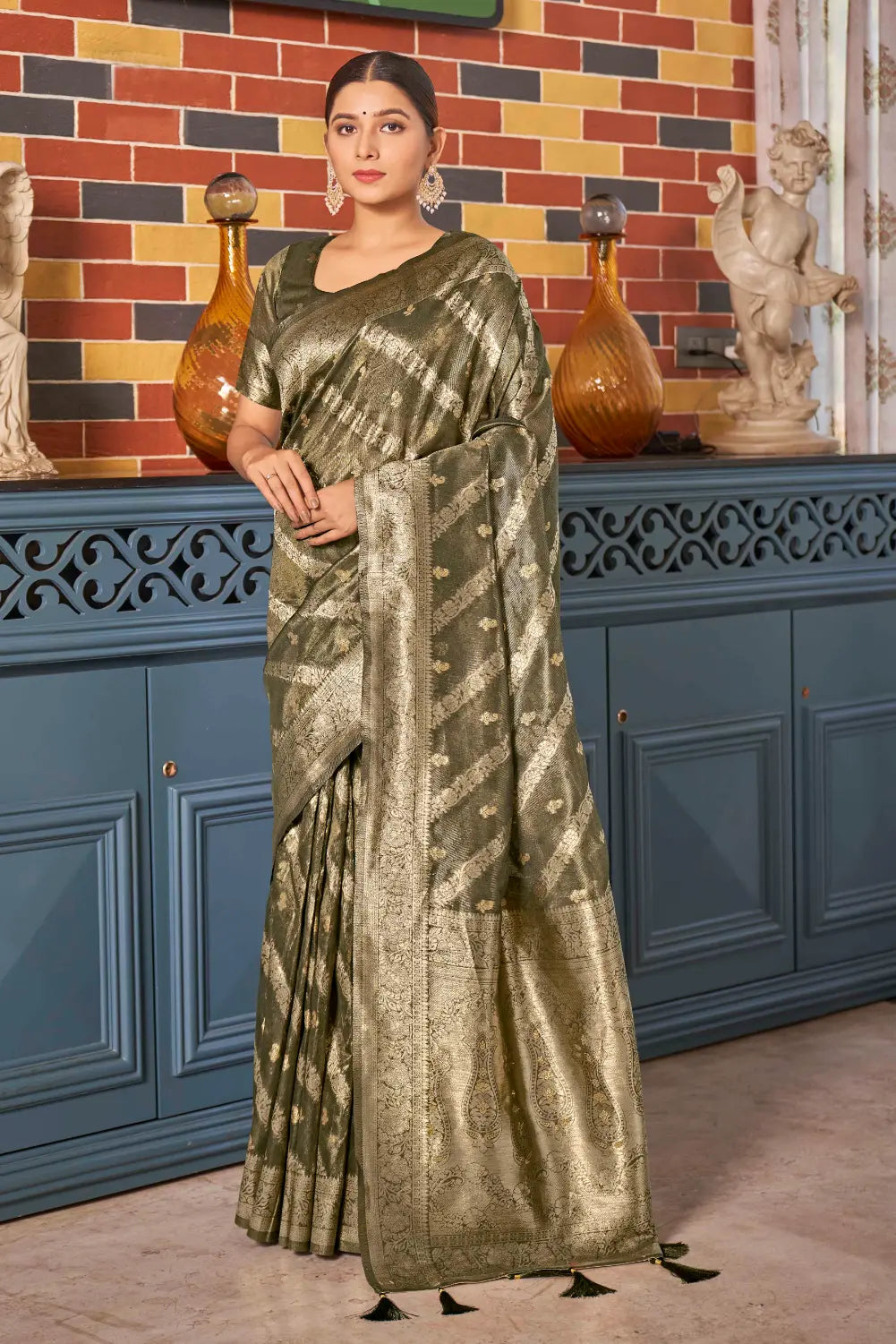 Olive Green Shimmer Silk Woven Contemporary Style Saree - Monjolika Fashion Olive Green Shimmer Silk Woven Contemporary Style Saree - Monjolika Fashion