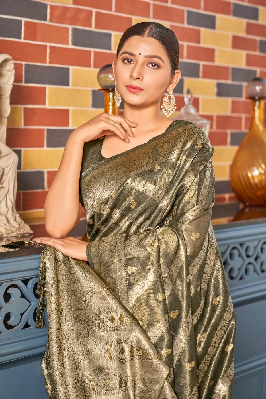 Olive Green Shimmer Silk Woven Contemporary Style Saree - Monjolika Fashion Olive Green Shimmer Silk Woven Contemporary Style Saree - Monjolika Fashion