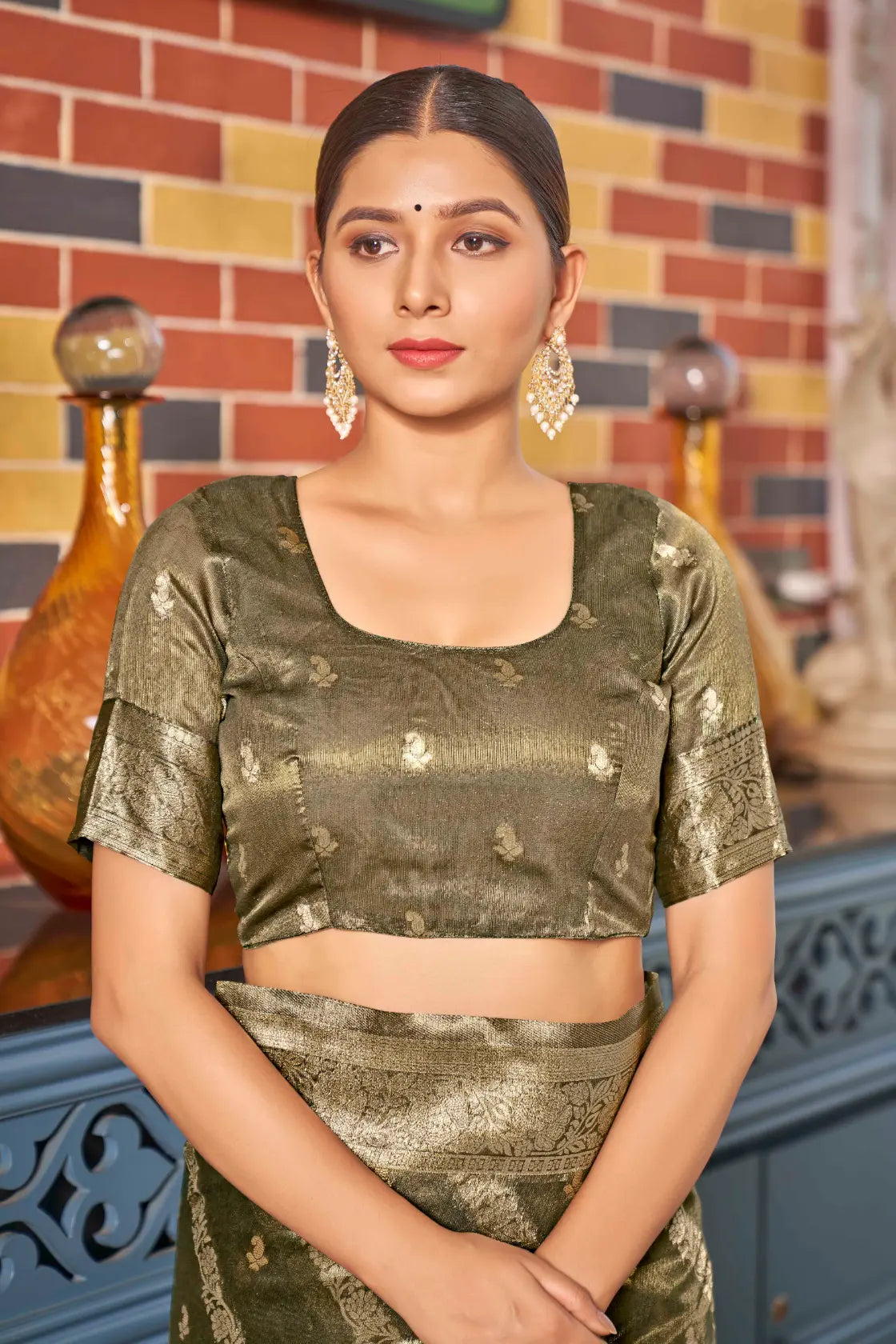 Olive Green Shimmer Silk Woven Contemporary Style Saree - Monjolika Fashion Olive Green Shimmer Silk Woven Contemporary Style Saree - Monjolika Fashion