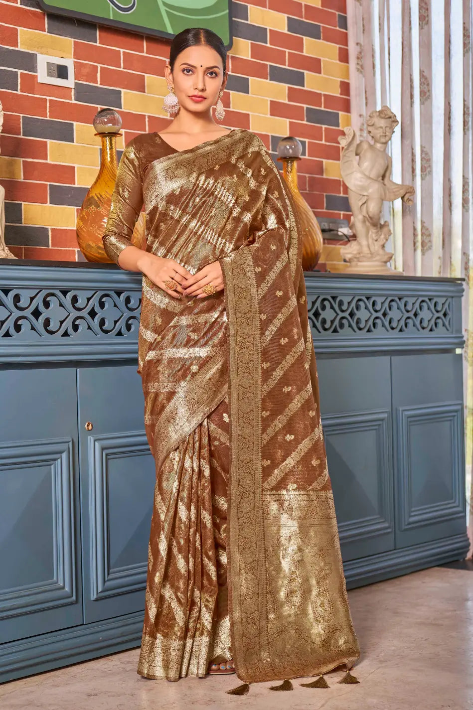 Rust Shimmer Silk Woven Contemporary Style Saree - Monjolika Fashion Rust Shimmer Silk Woven Contemporary Style Saree - Monjolika Fashion