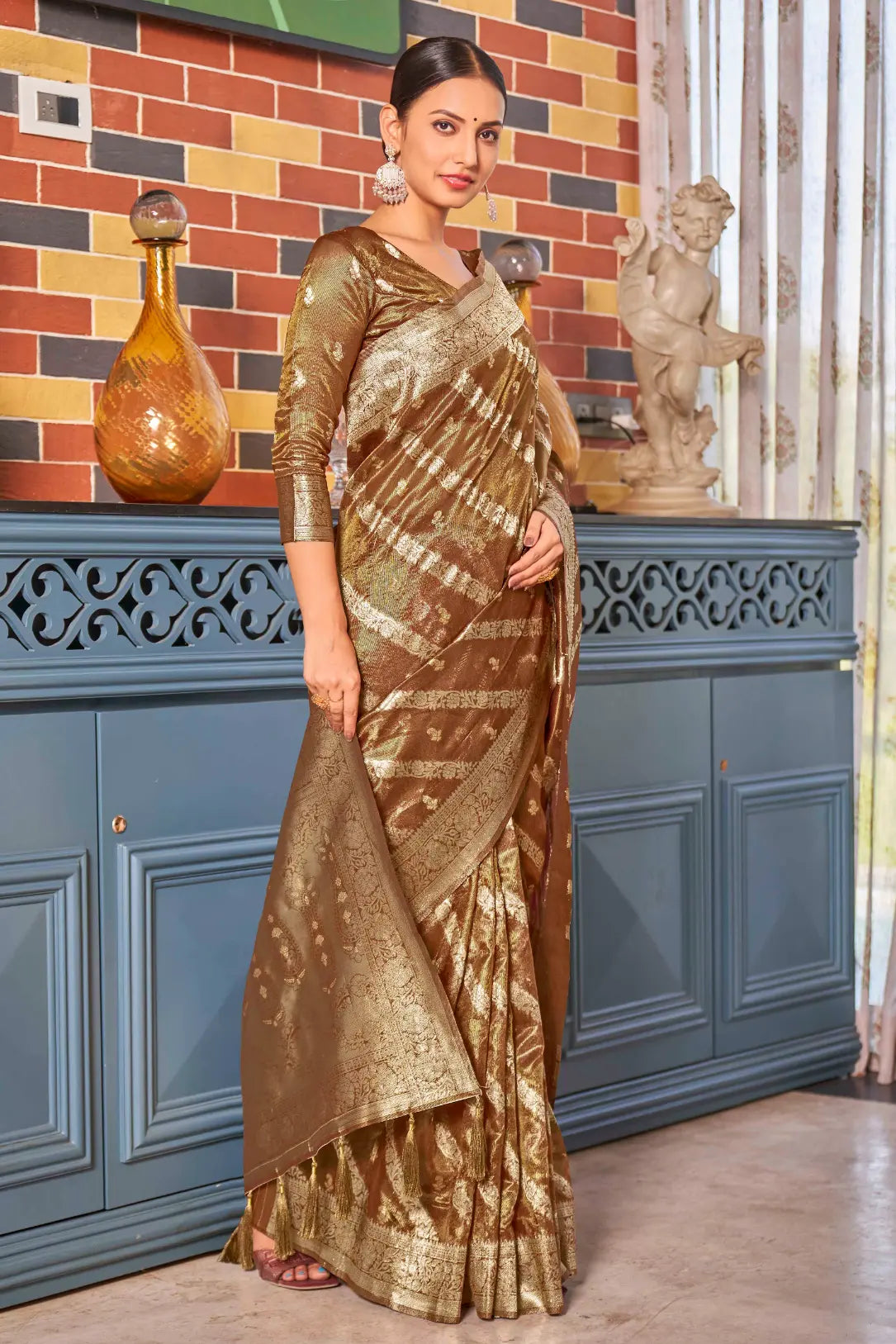 Rust Shimmer Silk Woven Contemporary Style Saree - Monjolika Fashion Rust Shimmer Silk Woven Contemporary Style Saree - Monjolika Fashion