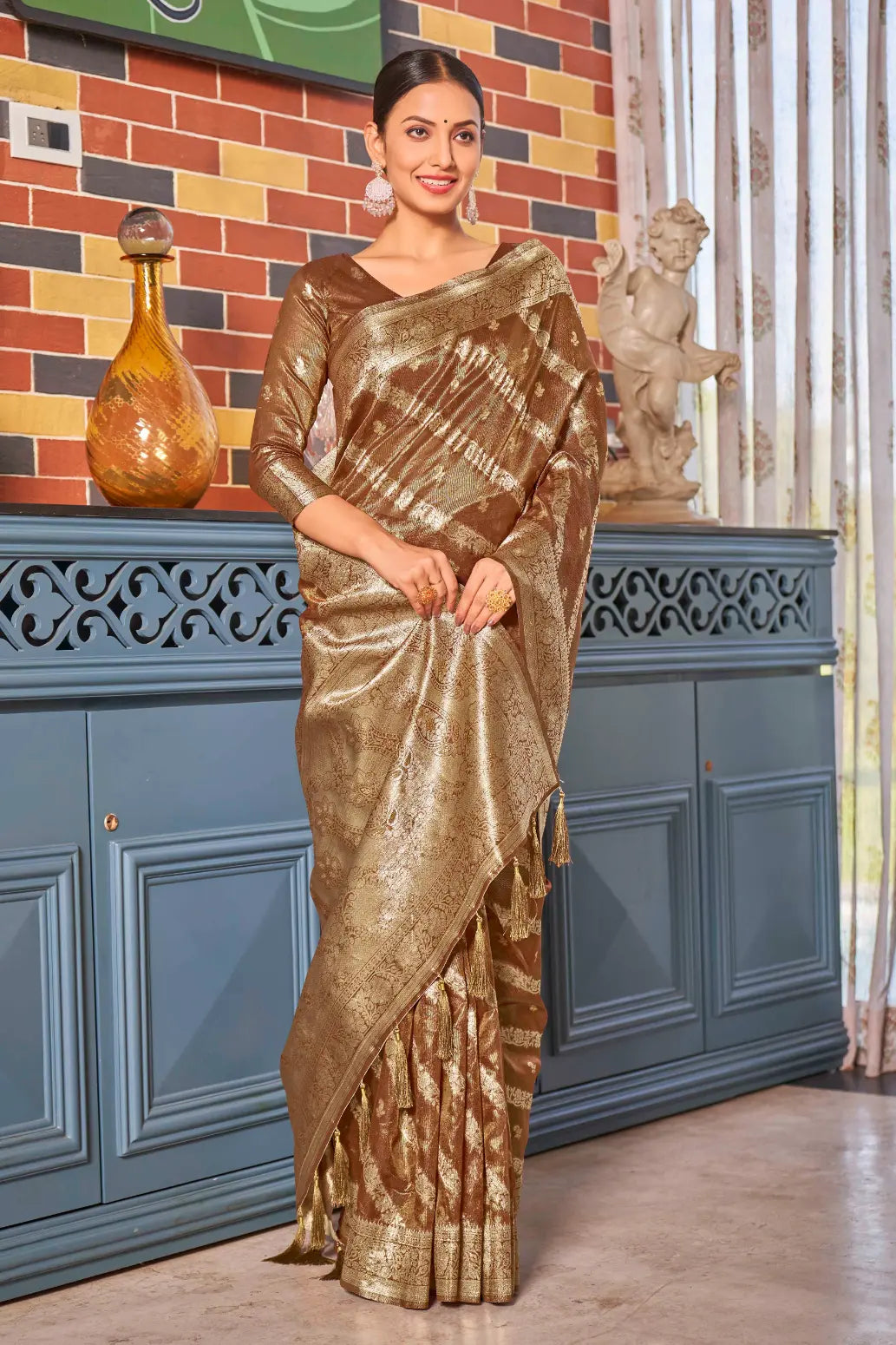 Rust Shimmer Silk Woven Contemporary Style Saree - Monjolika Fashion Rust Shimmer Silk Woven Contemporary Style Saree - Monjolika Fashion