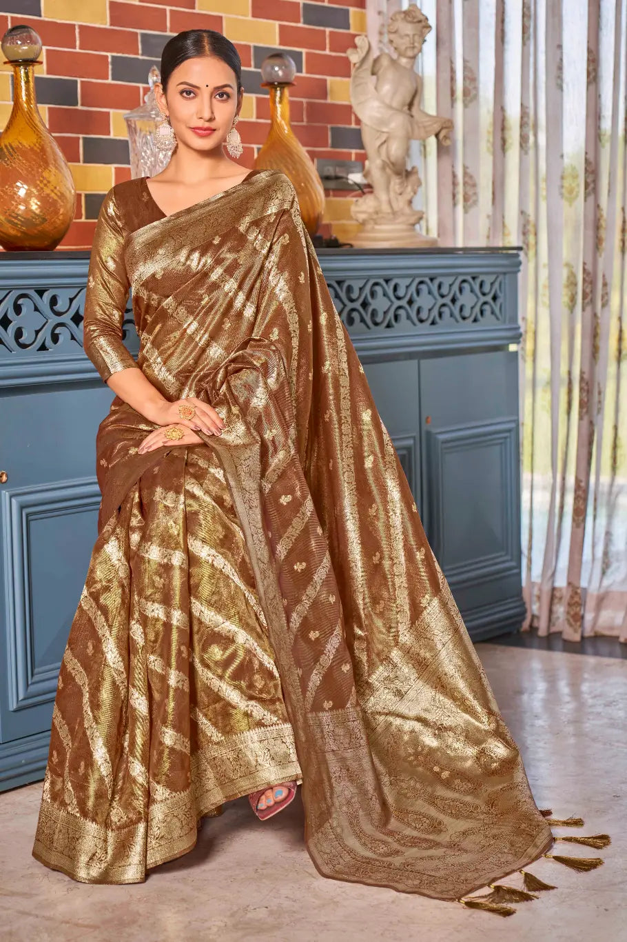 Rust Shimmer Silk Woven Contemporary Style Saree - Monjolika Fashion Rust Shimmer Silk Woven Contemporary Style Saree - Monjolika Fashion