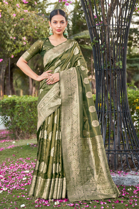 Green Shimmer Silk Zari Woven Fancy Saree - Monjolika Fashion