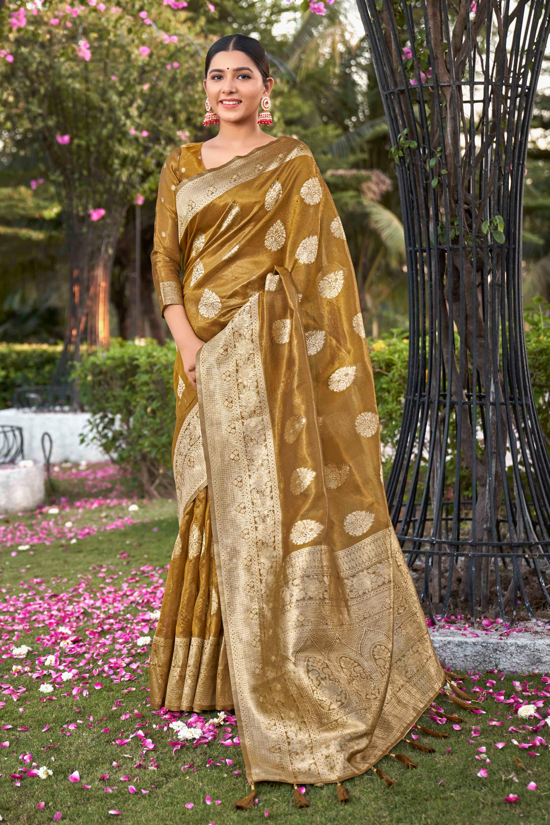 Mustard Shimmer Silk Woven Fancy Saree - Monjolika Fashion Mustard Shimmer Silk Woven Fancy Saree - Monjolika Fashion