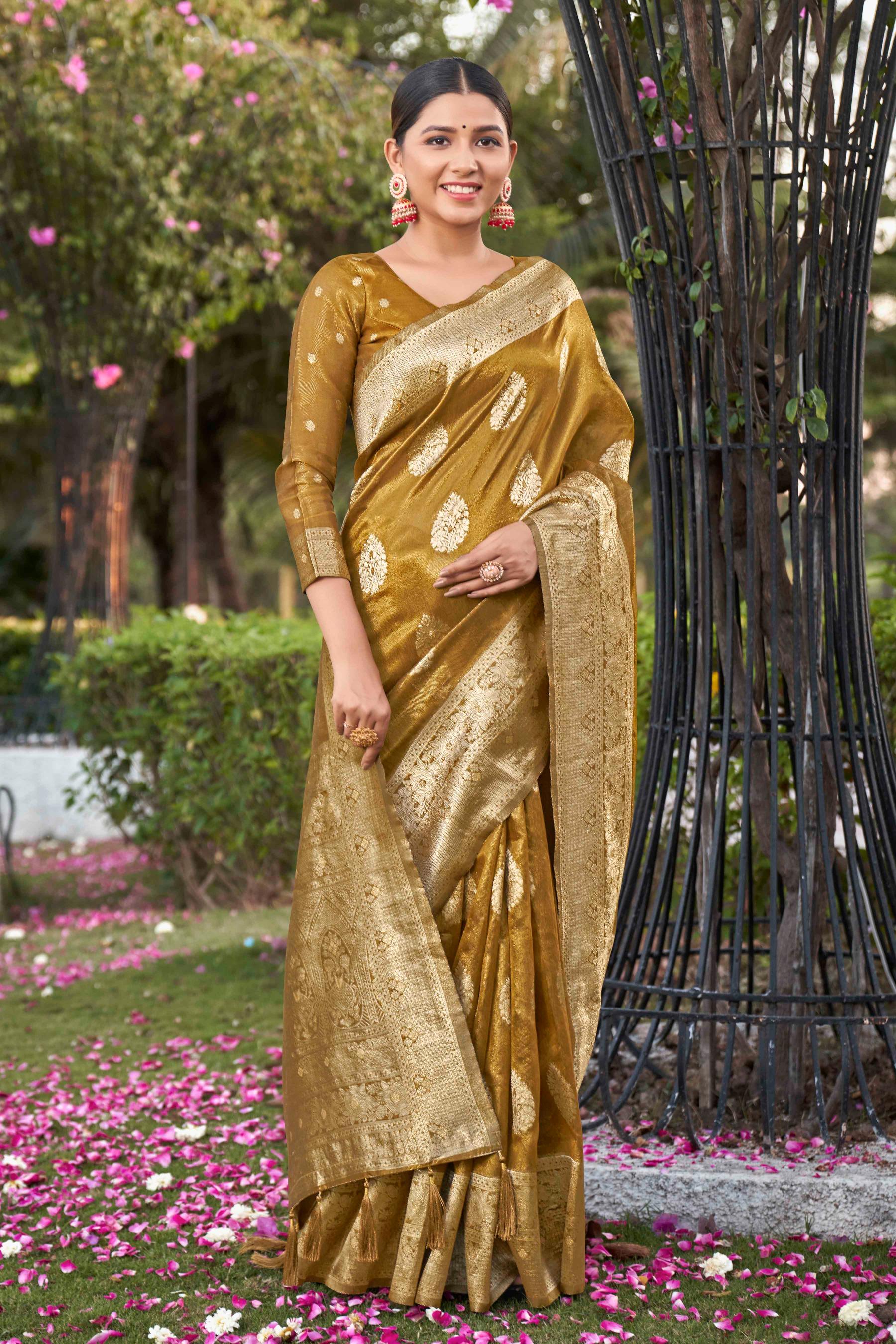 Mustard Shimmer Silk Woven Fancy Saree - Monjolika Fashion Mustard Shimmer Silk Woven Fancy Saree - Monjolika Fashion