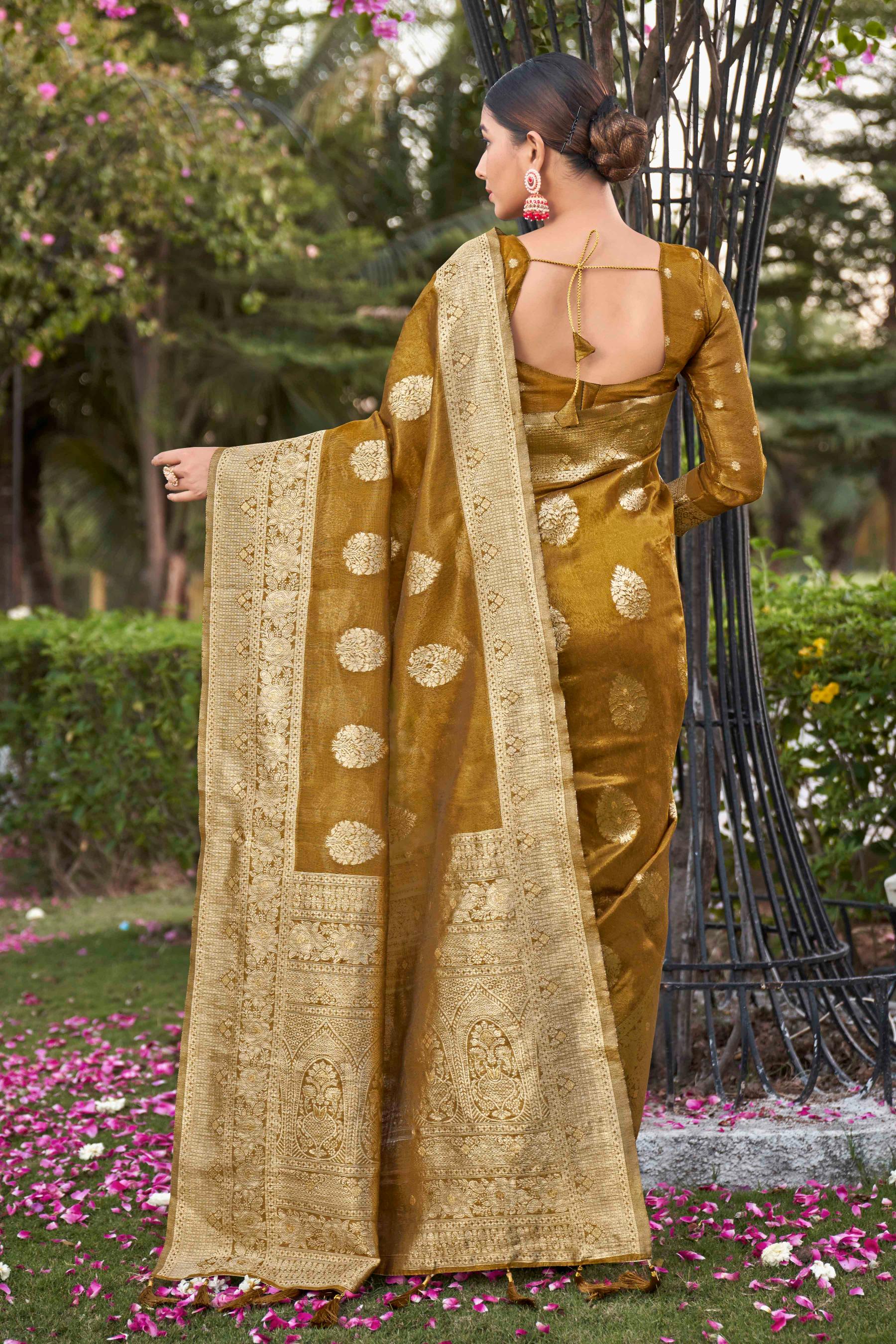 Mustard Shimmer Silk Woven Fancy Saree - Monjolika Fashion Mustard Shimmer Silk Woven Fancy Saree - Monjolika Fashion