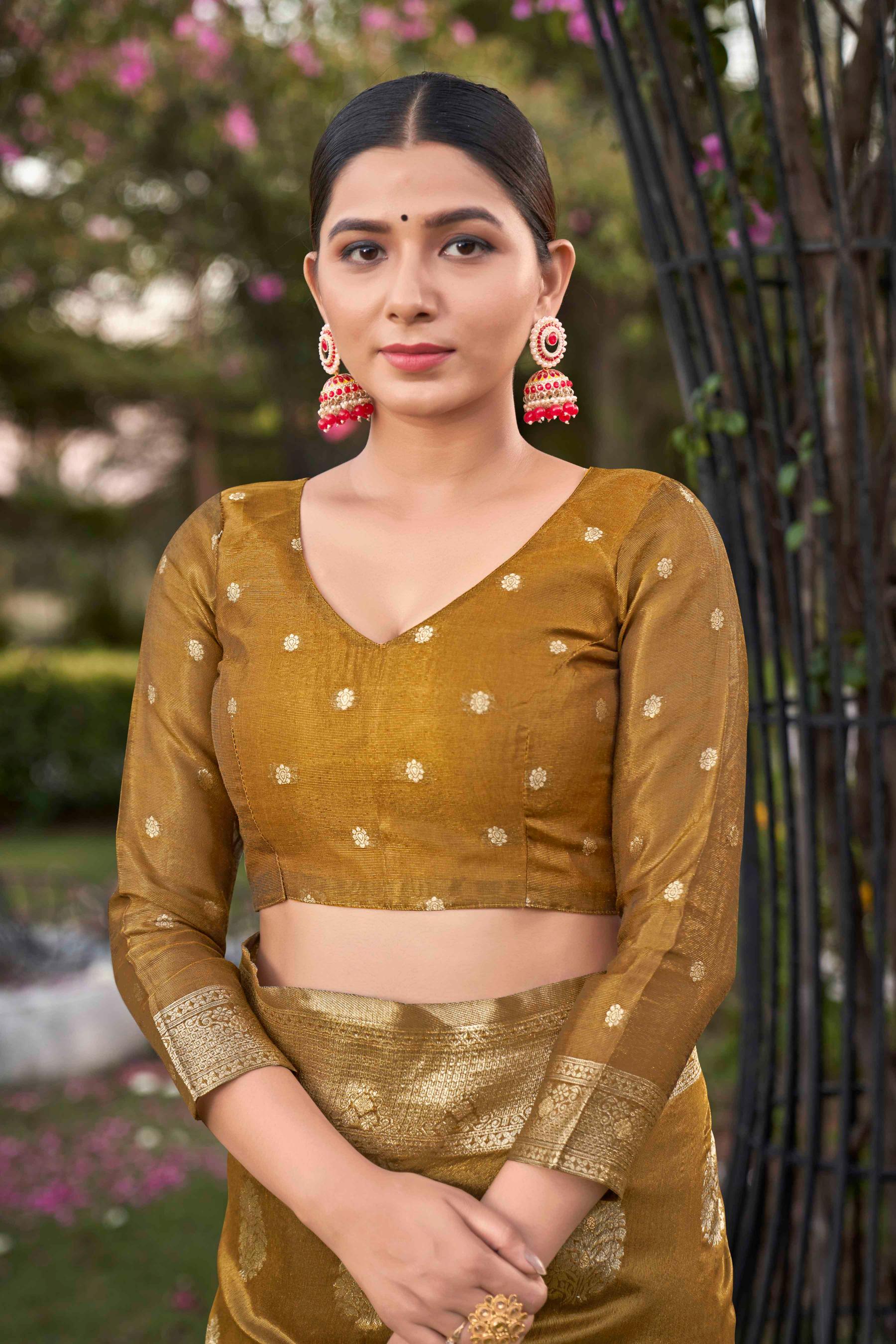 Mustard Shimmer Silk Woven Fancy Saree - Monjolika Fashion Mustard Shimmer Silk Woven Fancy Saree - Monjolika Fashion