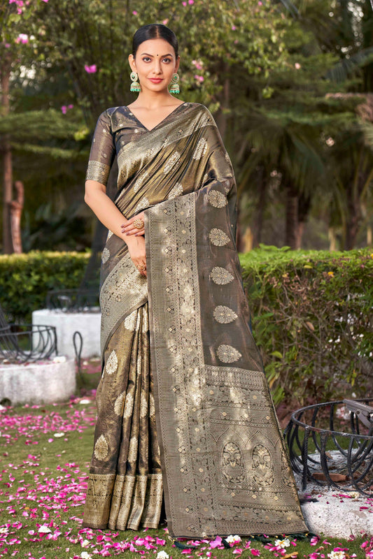 Coffee Brown Shimmer Silk Woven Fancy Saree - Monjolika Fashion