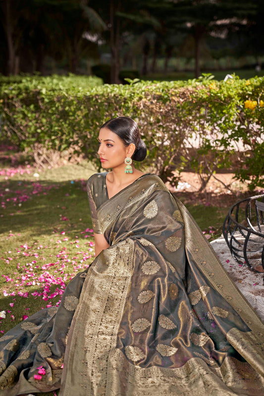 Coffee Brown Shimmer Silk Woven Fancy Saree - Monjolika Fashion