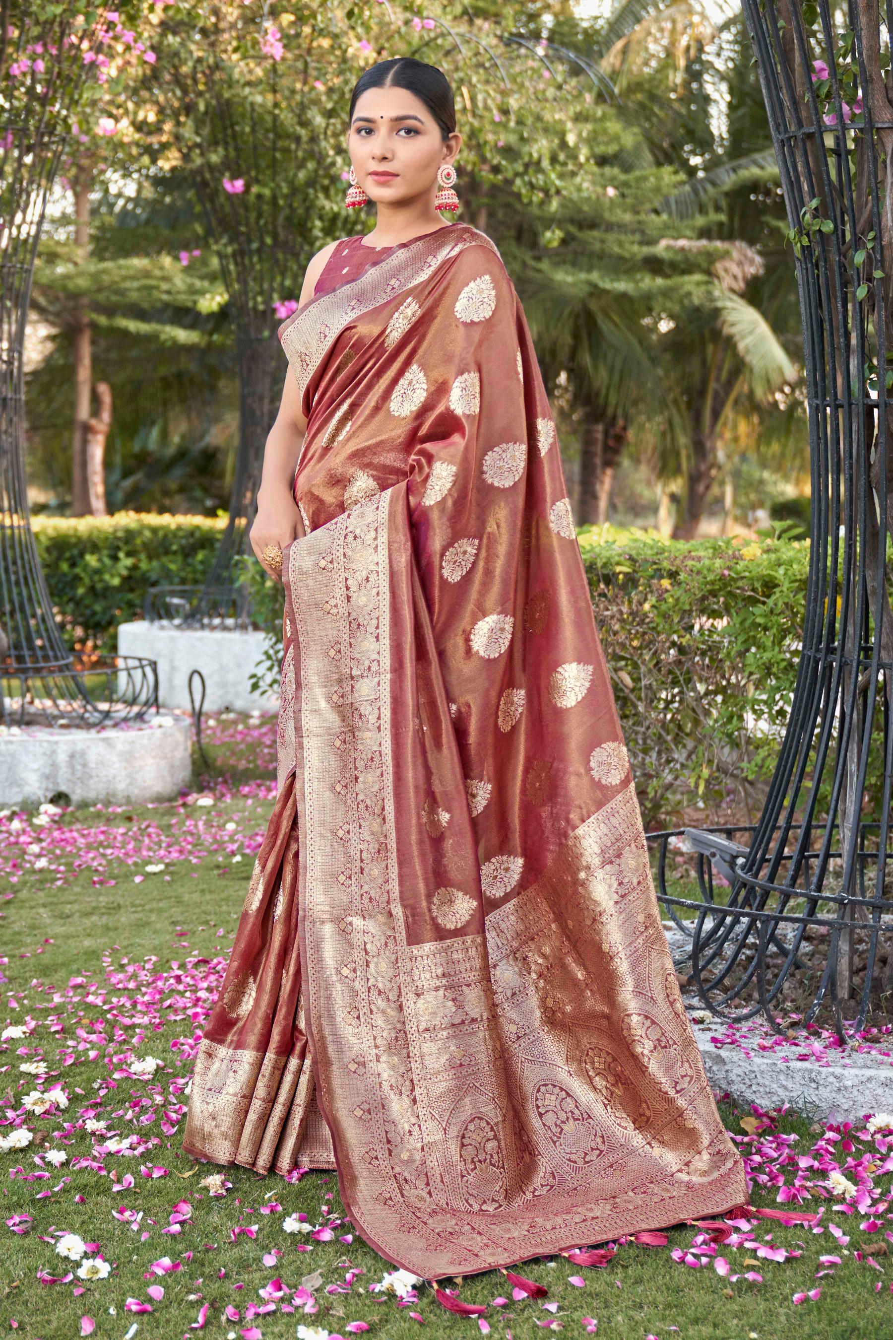 Rust Shimmer Silk Woven Work Fancy Saree - Monjolika Fashion Rust Shimmer Silk Woven Work Fancy Saree - Monjolika Fashion