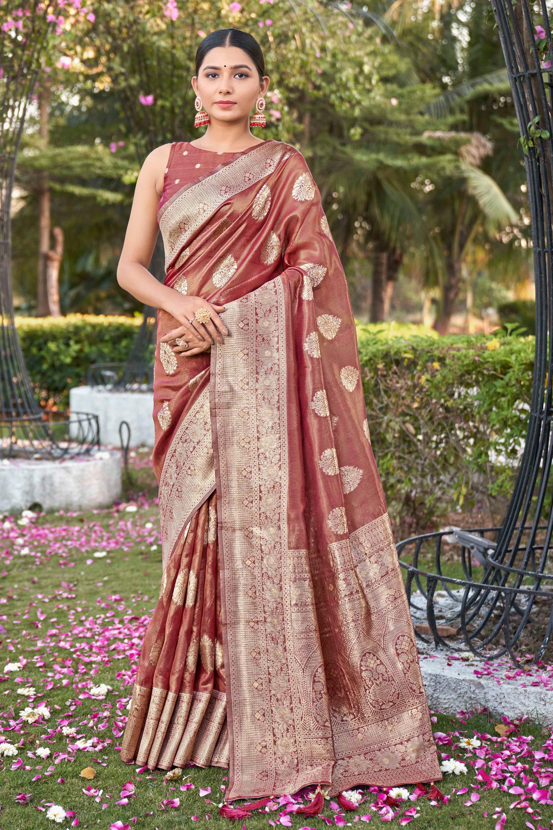 Rust Shimmer Silk Woven Work Fancy Saree - Monjolika Fashion Rust Shimmer Silk Woven Work Fancy Saree - Monjolika Fashion