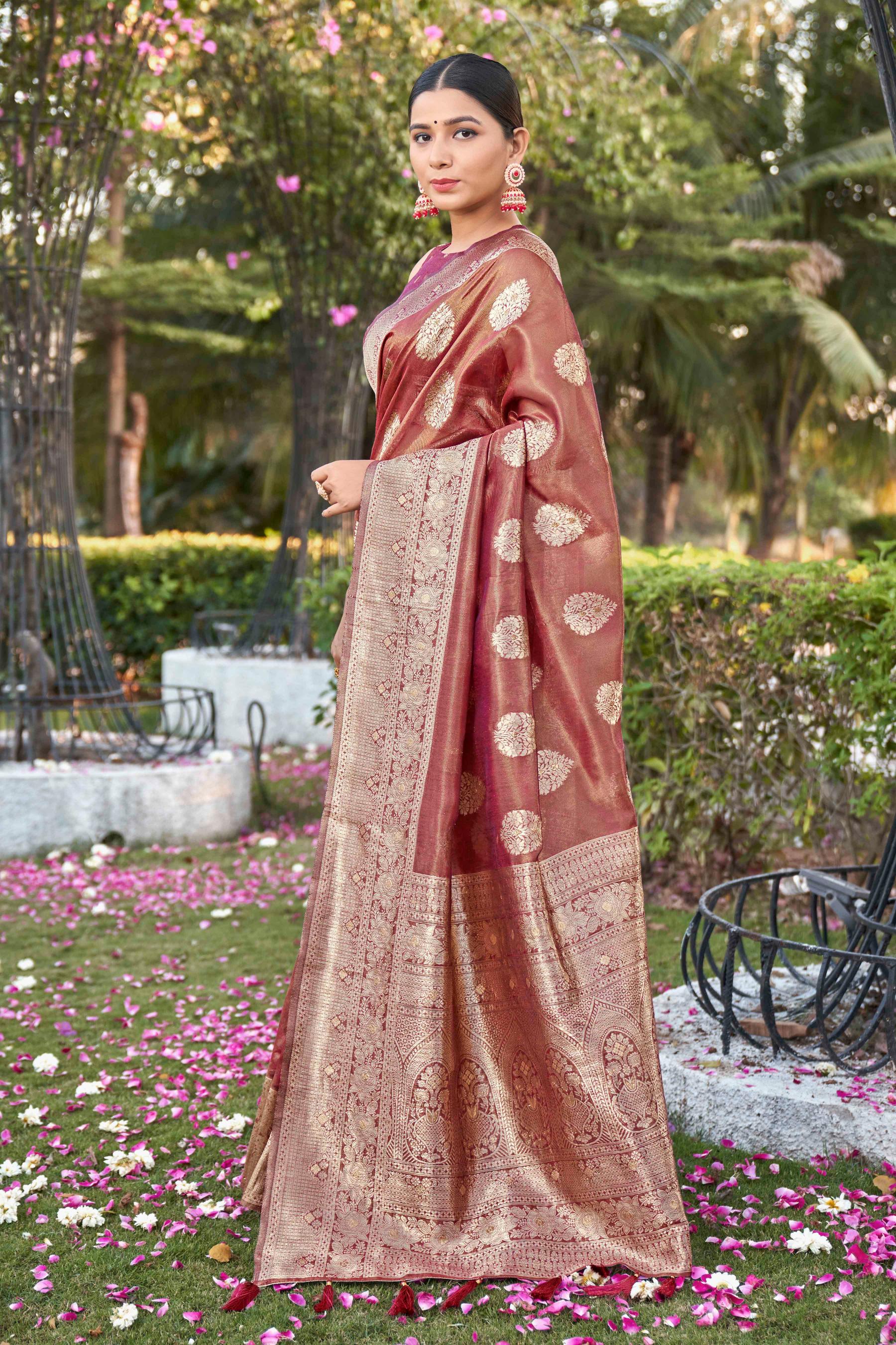 Rust Shimmer Silk Woven Work Fancy Saree - Monjolika Fashion Rust Shimmer Silk Woven Work Fancy Saree - Monjolika Fashion
