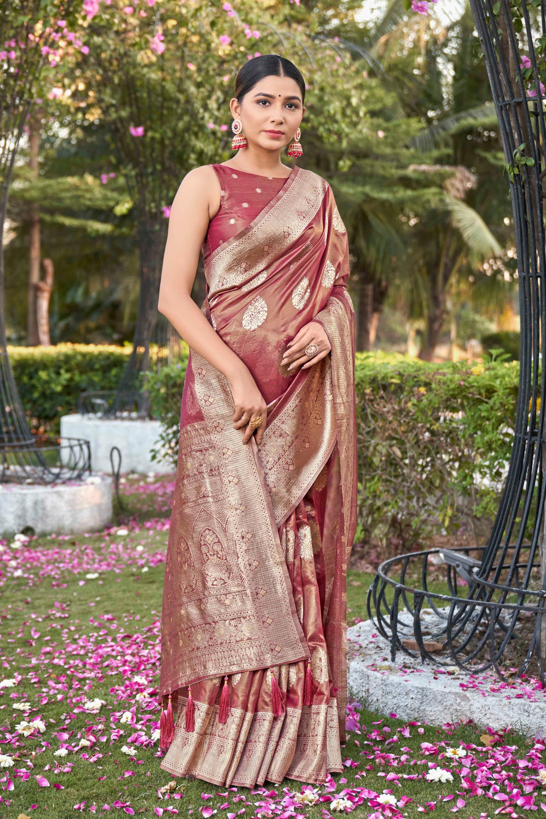 Rust Shimmer Silk Woven Work Fancy Saree - Monjolika Fashion Rust Shimmer Silk Woven Work Fancy Saree - Monjolika Fashion