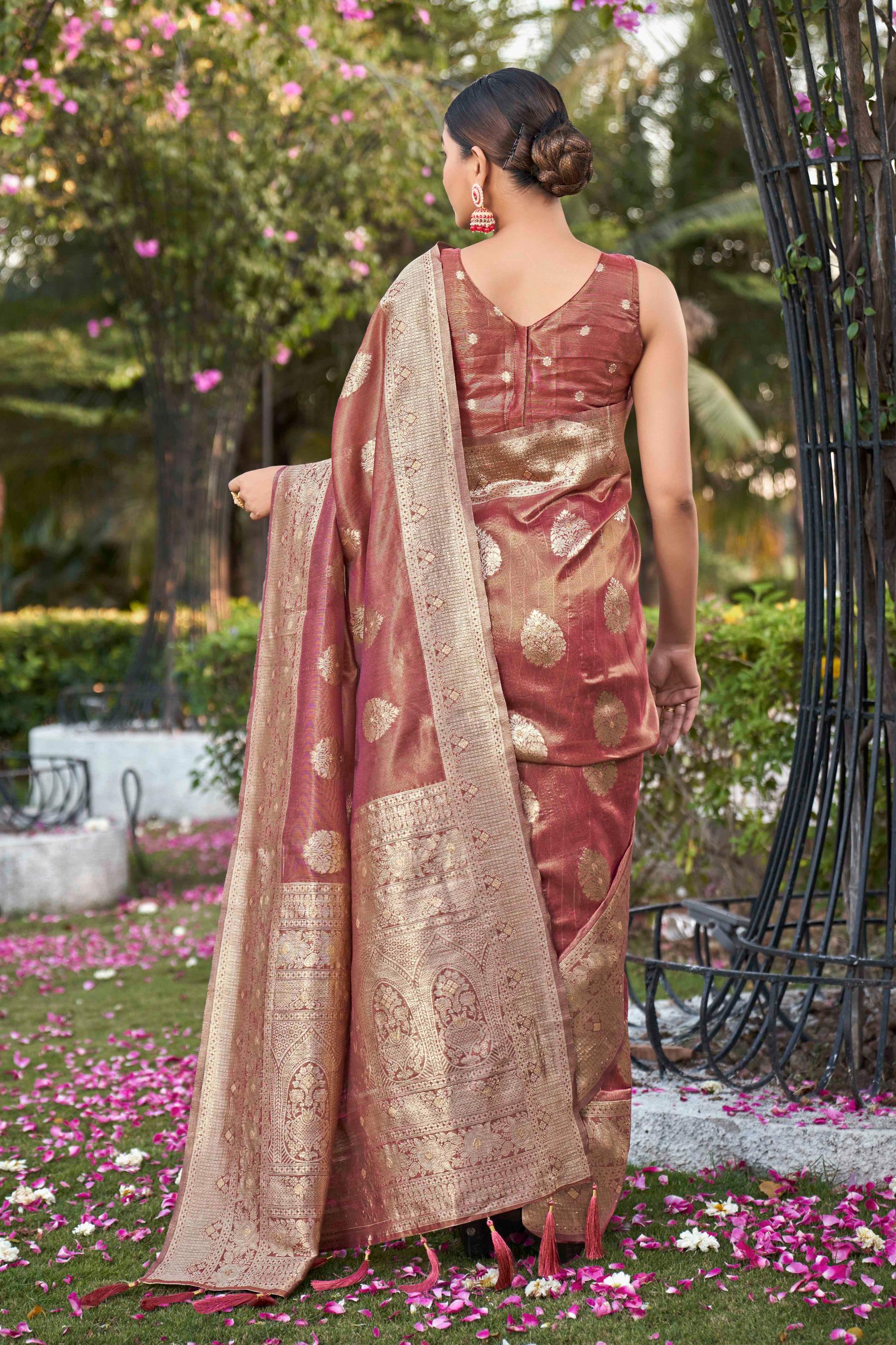 Rust Shimmer Silk Woven Work Fancy Saree - Monjolika Fashion Rust Shimmer Silk Woven Work Fancy Saree - Monjolika Fashion