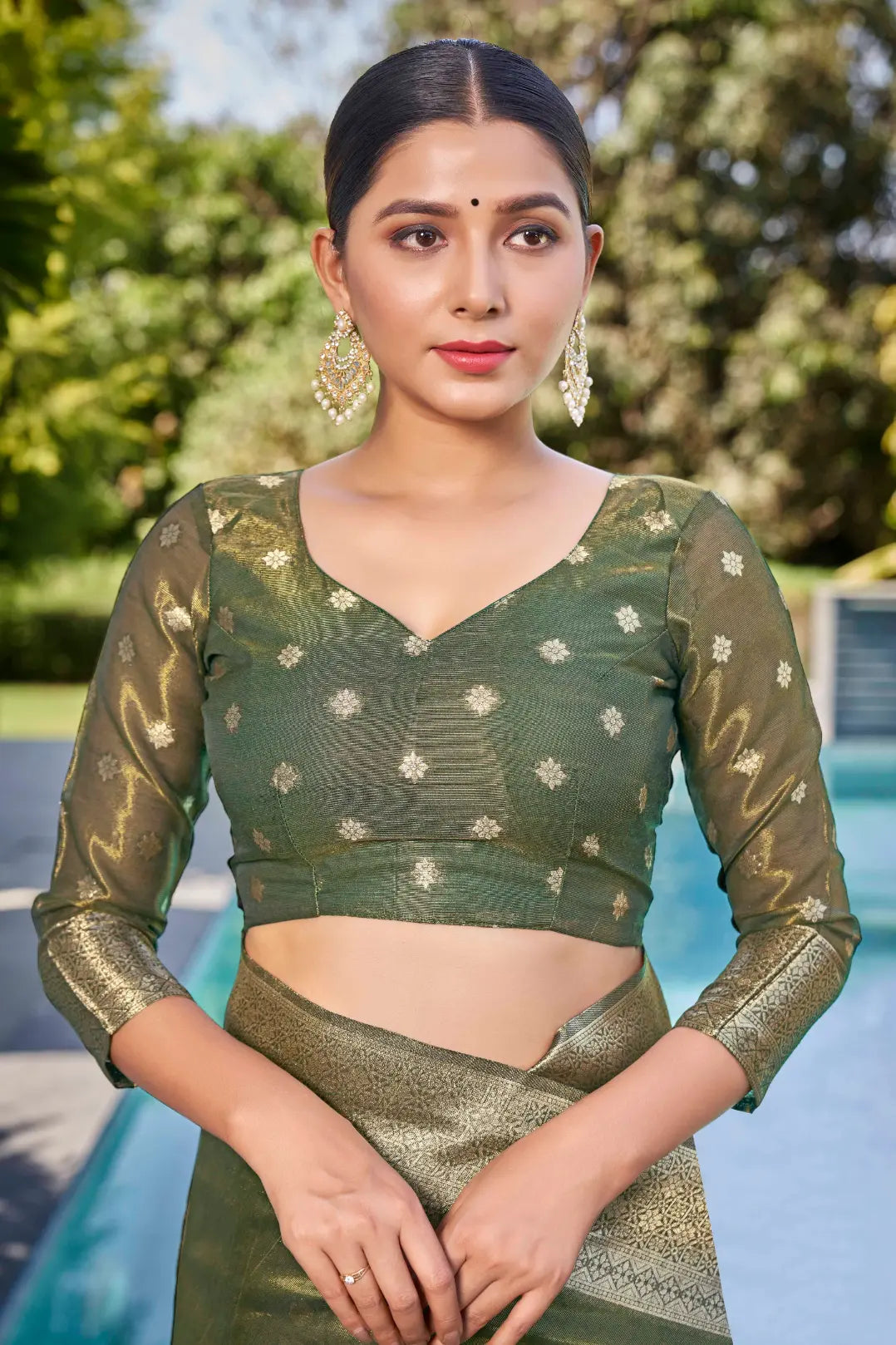 Olive Green Shimmer Silk Woven Contemporary Wear Saree - Monjolika Fashion Olive Green Shimmer Silk Woven Contemporary Wear Saree - Monjolika Fashion