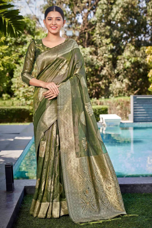 Olive Green Shimmer Silk Woven Contemporary Wear Saree - Monjolika Fashion