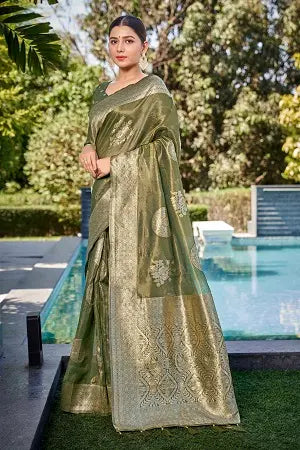 Olive Green Shimmer Silk Woven Contemporary Wear Saree - Monjolika Fashion Olive Green Shimmer Silk Woven Contemporary Wear Saree - Monjolika Fashion
