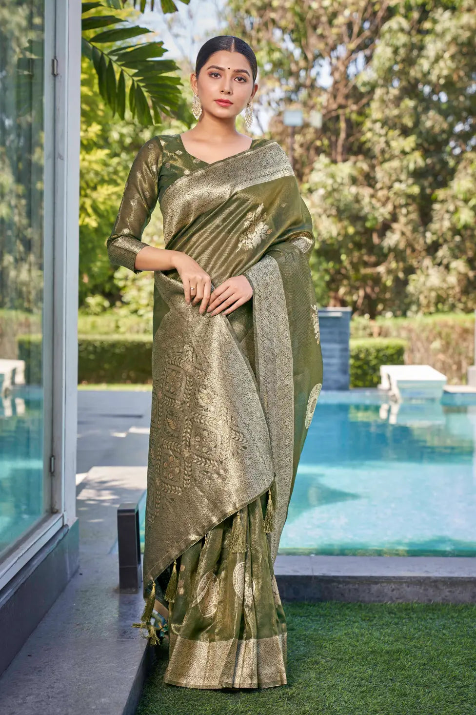 Olive Green Shimmer Silk Woven Contemporary Wear Saree - Monjolika Fashion Olive Green Shimmer Silk Woven Contemporary Wear Saree - Monjolika Fashion