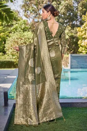 Olive Green Shimmer Silk Woven Contemporary Wear Saree - Monjolika Fashion Olive Green Shimmer Silk Woven Contemporary Wear Saree - Monjolika Fashion