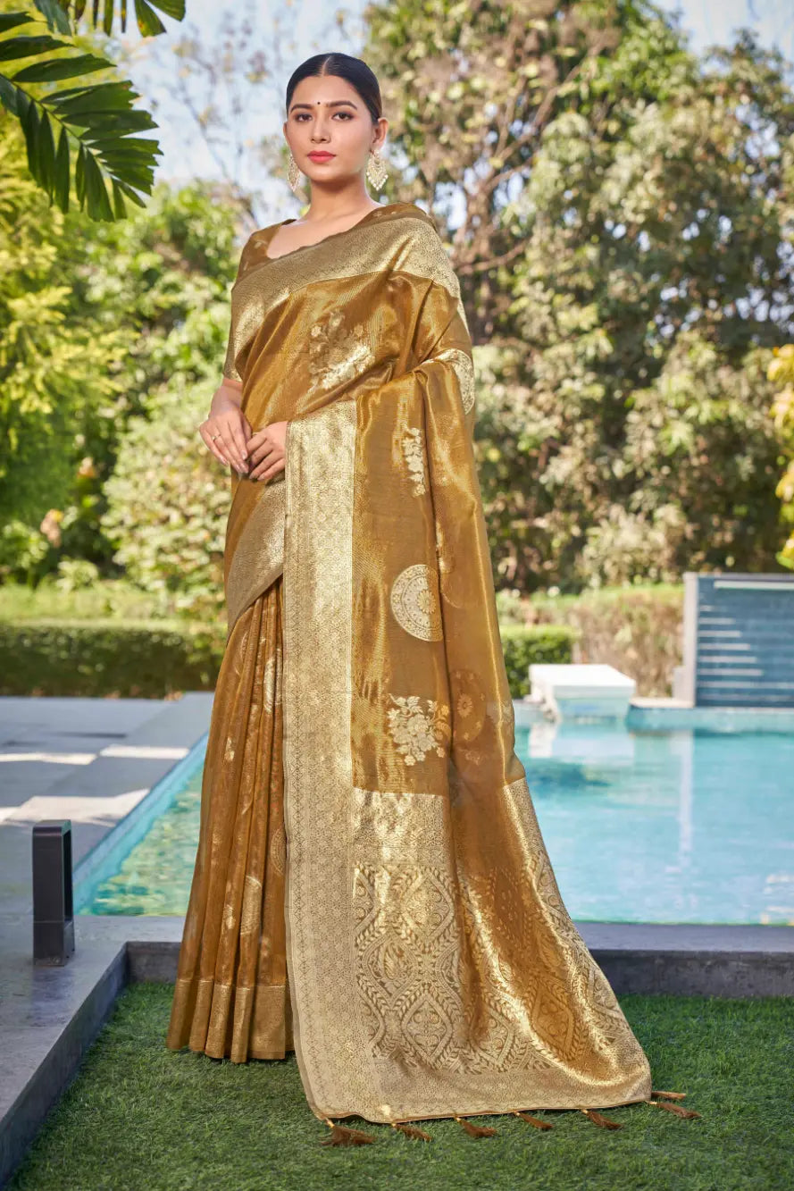 Mustard Shimmer Silk Woven Contemporary Wear Saree - Monjolika Fashion Mustard Shimmer Silk Woven Contemporary Wear Saree - Monjolika Fashion