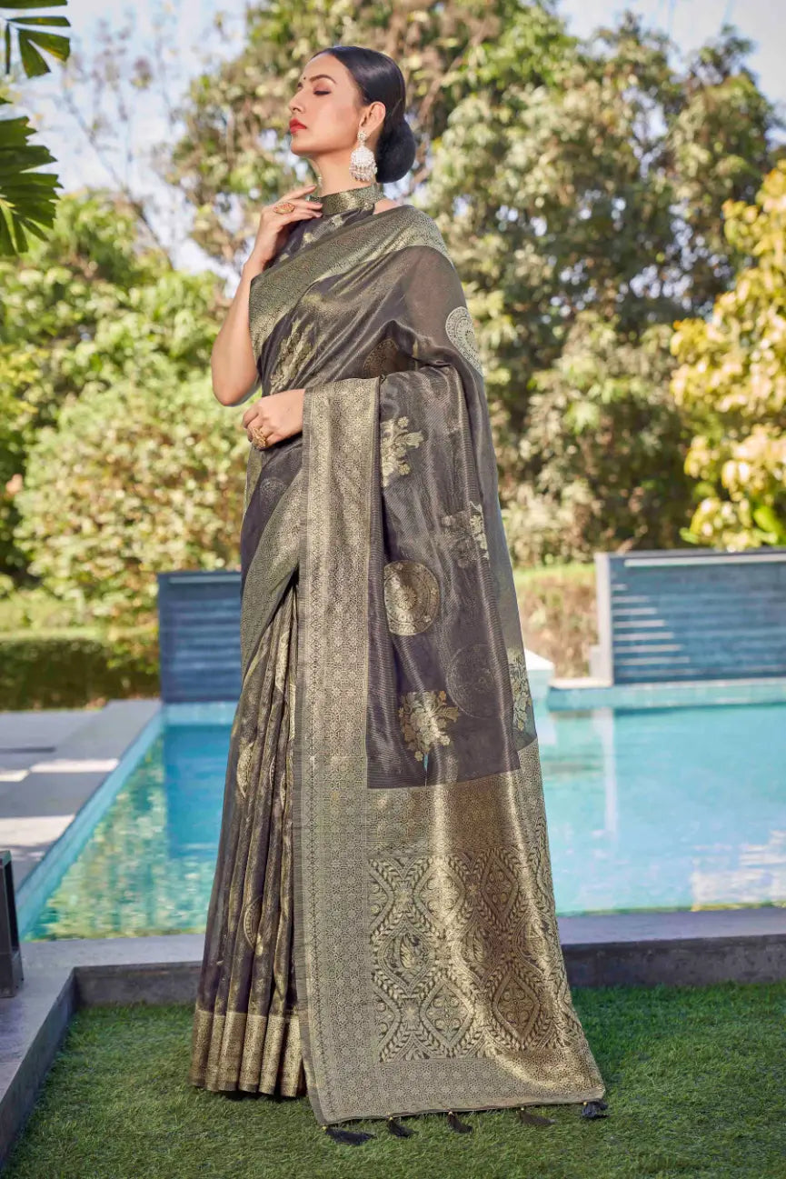 Grey Shimmer Silk Woven Contemporary Wear Saree - Monjolika Fashion Grey Shimmer Silk Woven Contemporary Wear Saree - Monjolika Fashion