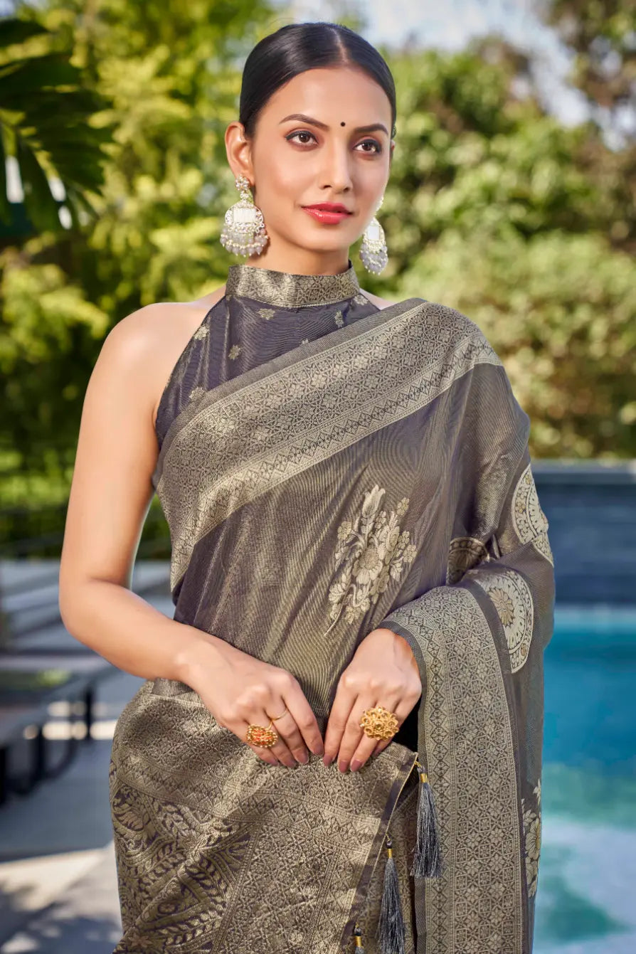Grey Shimmer Silk Woven Contemporary Wear Saree - Monjolika Fashion Grey Shimmer Silk Woven Contemporary Wear Saree - Monjolika Fashion