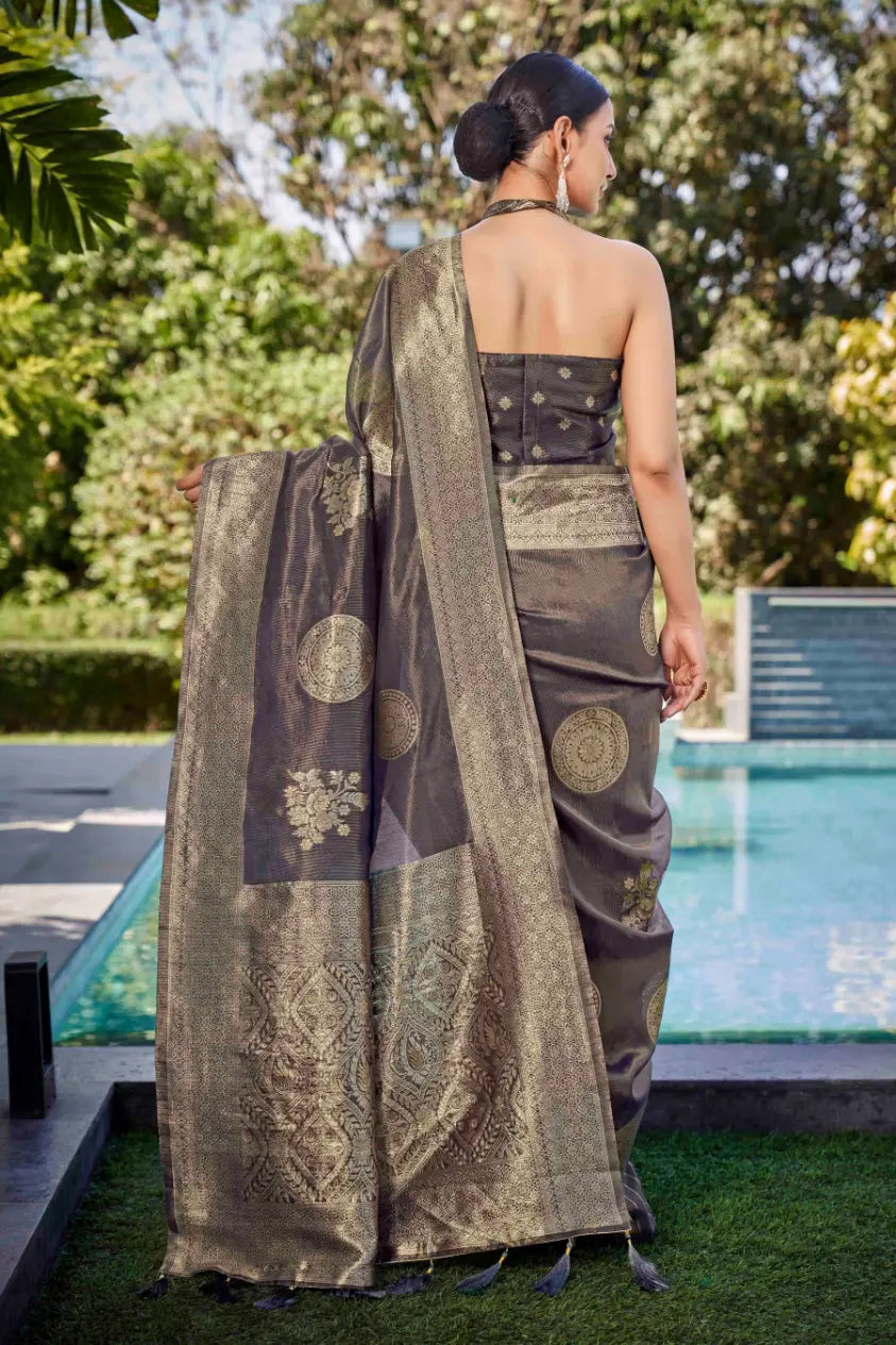 Grey Shimmer Silk Woven Contemporary Wear Saree - Monjolika Fashion Grey Shimmer Silk Woven Contemporary Wear Saree - Monjolika Fashion