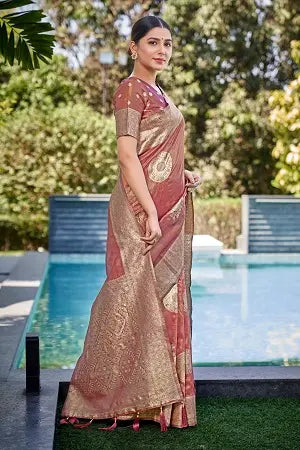 Rust Shimmer Silk Woven Contemporary Wear Saree - Monjolika Fashion Rust Shimmer Silk Woven Contemporary Wear Saree - Monjolika Fashion