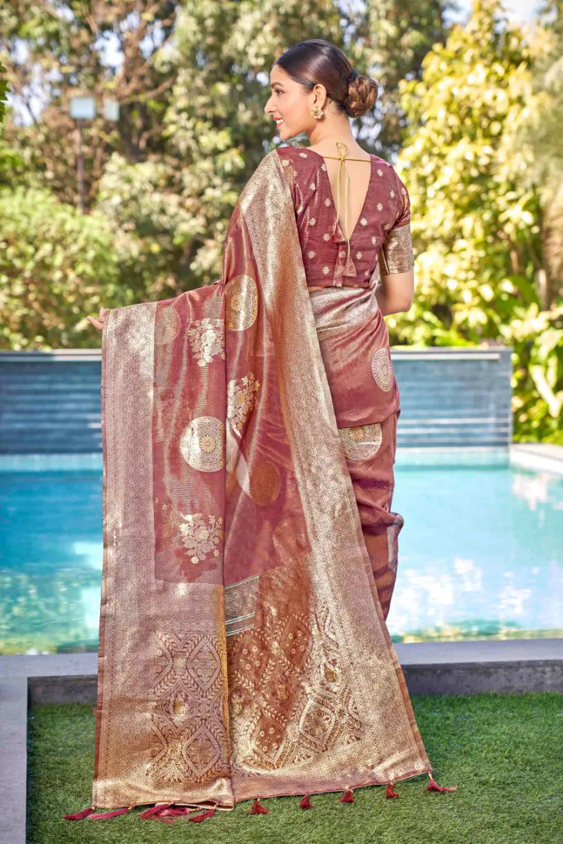 Rust Shimmer Silk Woven Contemporary Wear Saree - Monjolika Fashion Rust Shimmer Silk Woven Contemporary Wear Saree - Monjolika Fashion