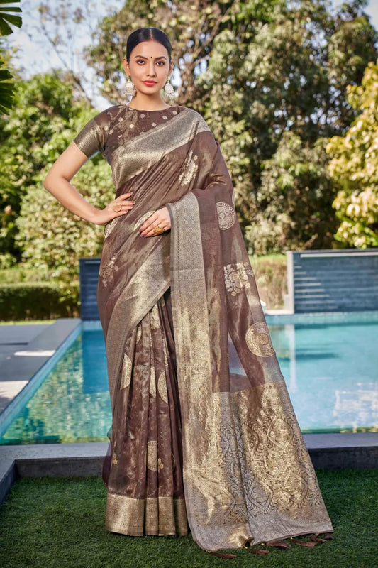 Coffee Shimmer Silk Woven Contemporary Wear Saree - Monjolika Fashion