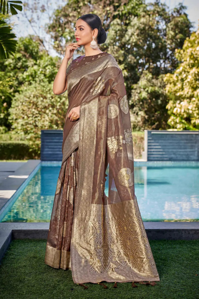 Coffee Shimmer Silk Woven Contemporary Wear Saree - Monjolika Fashion Coffee Shimmer Silk Woven Contemporary Wear Saree - Monjolika Fashion