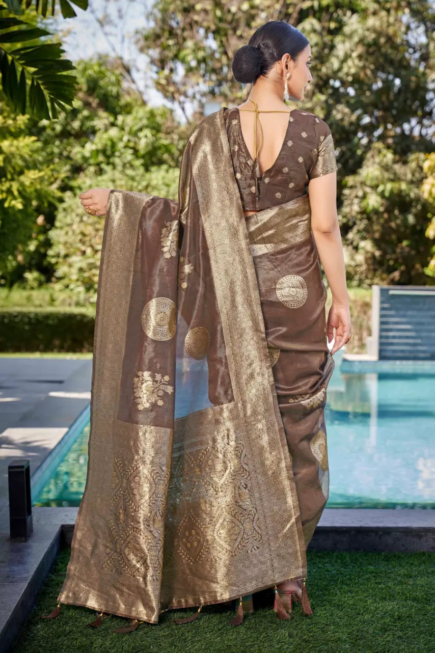 Coffee Shimmer Silk Woven Contemporary Wear Saree - Monjolika Fashion Coffee Shimmer Silk Woven Contemporary Wear Saree - Monjolika Fashion