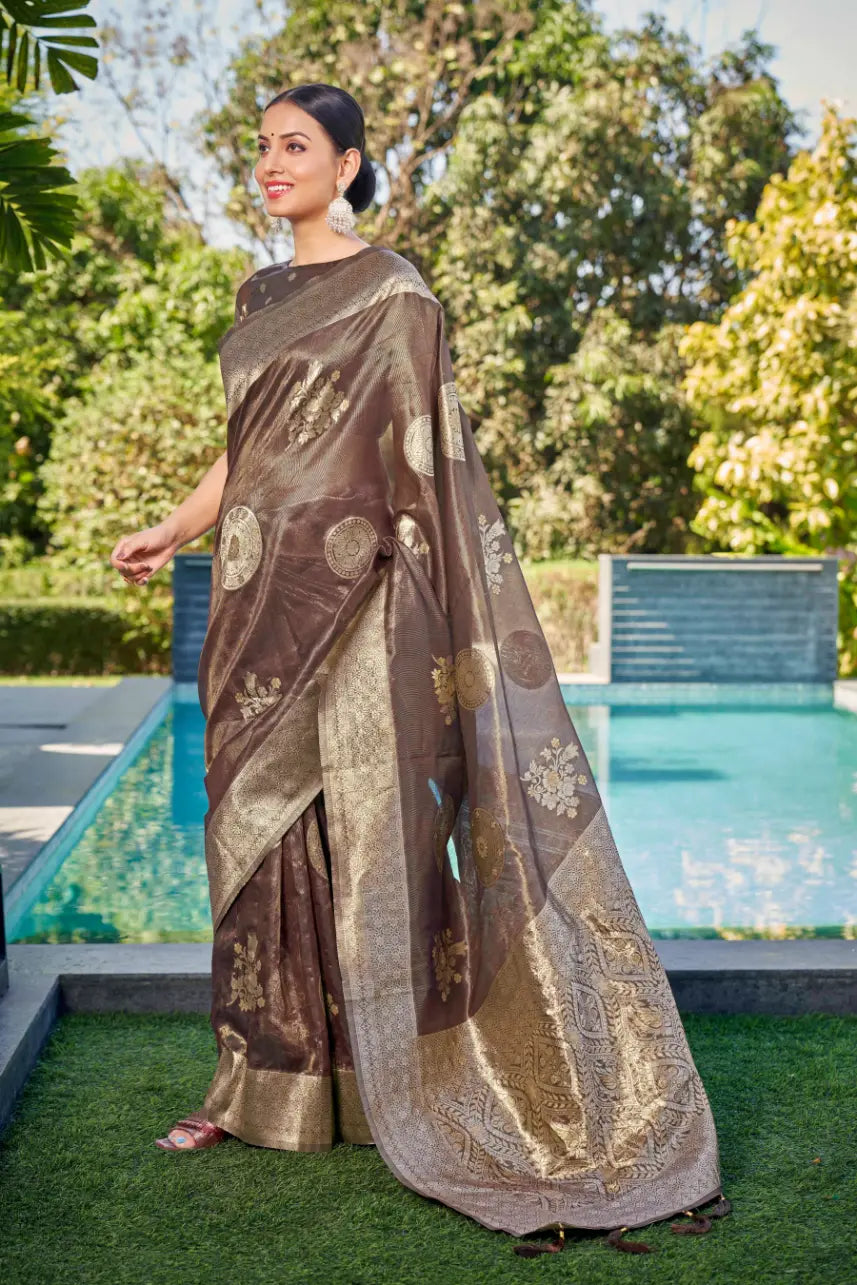 Coffee Shimmer Silk Woven Contemporary Wear Saree - Monjolika Fashion Coffee Shimmer Silk Woven Contemporary Wear Saree - Monjolika Fashion